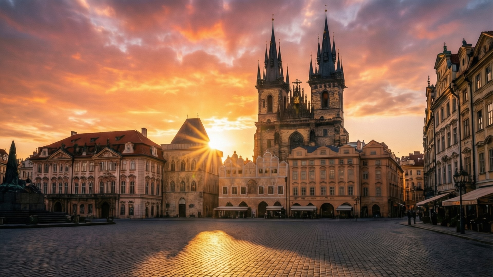 Tyn Church, Golden Dawn, sunrise, Full HD Desktop Wallpaper