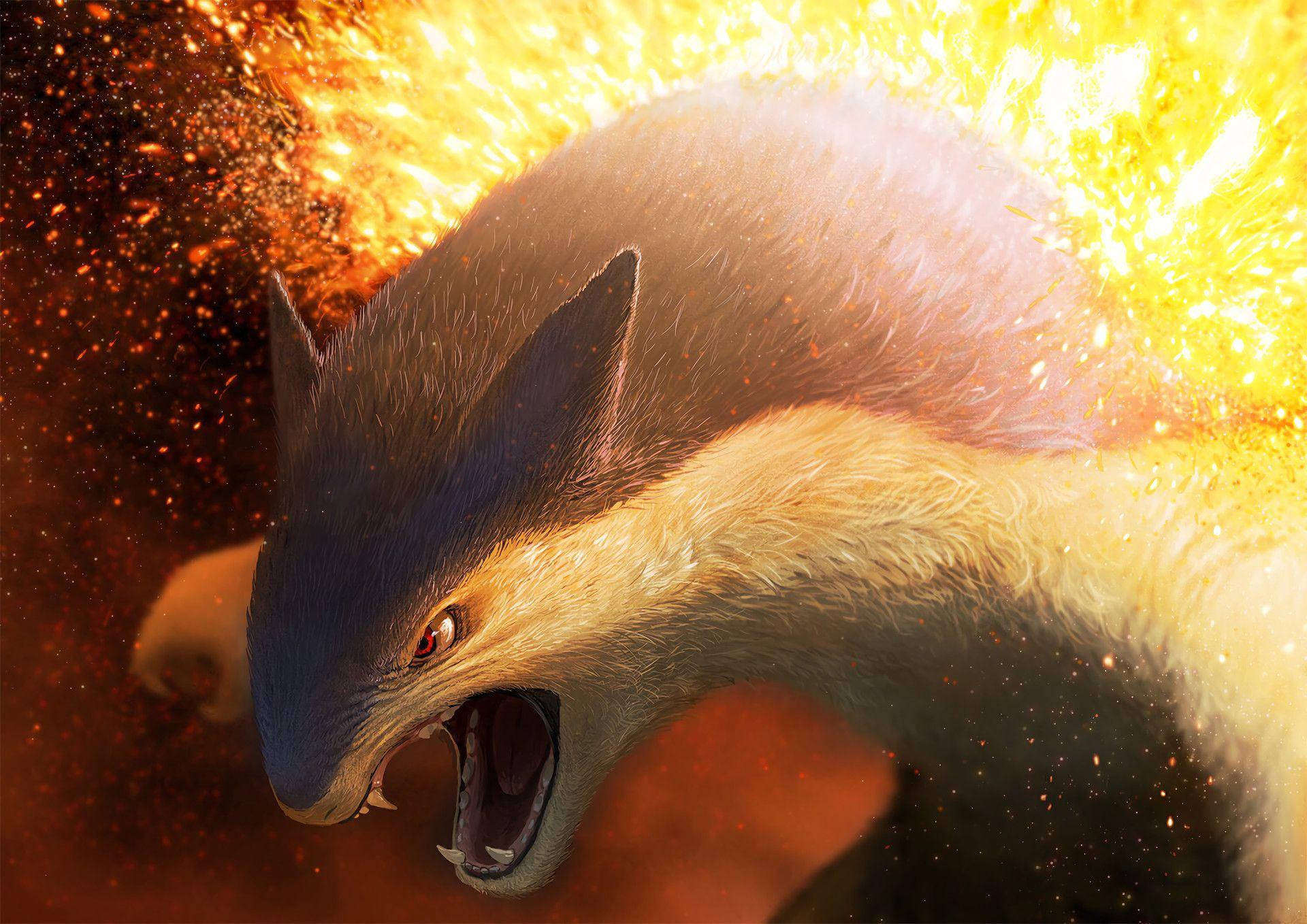 Typhlosion, glowing red eyes, fiery orange sparks, Full HD Desktop Wallpaper