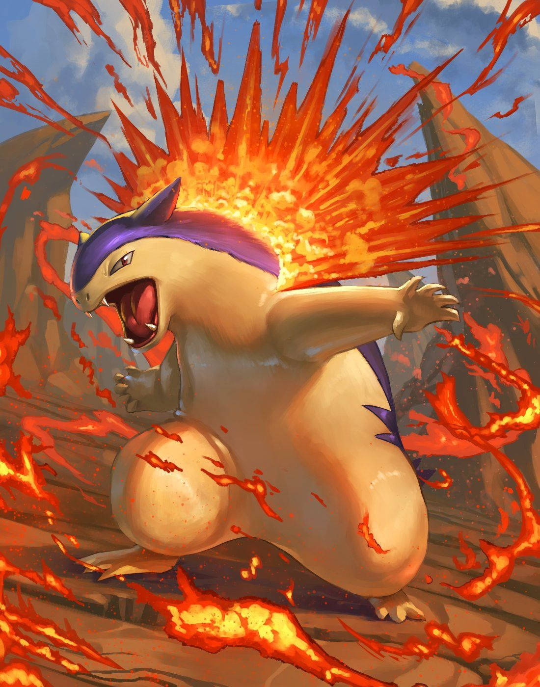 Typhlosion, flames, rocky canyon, HD Phone Wallpaper