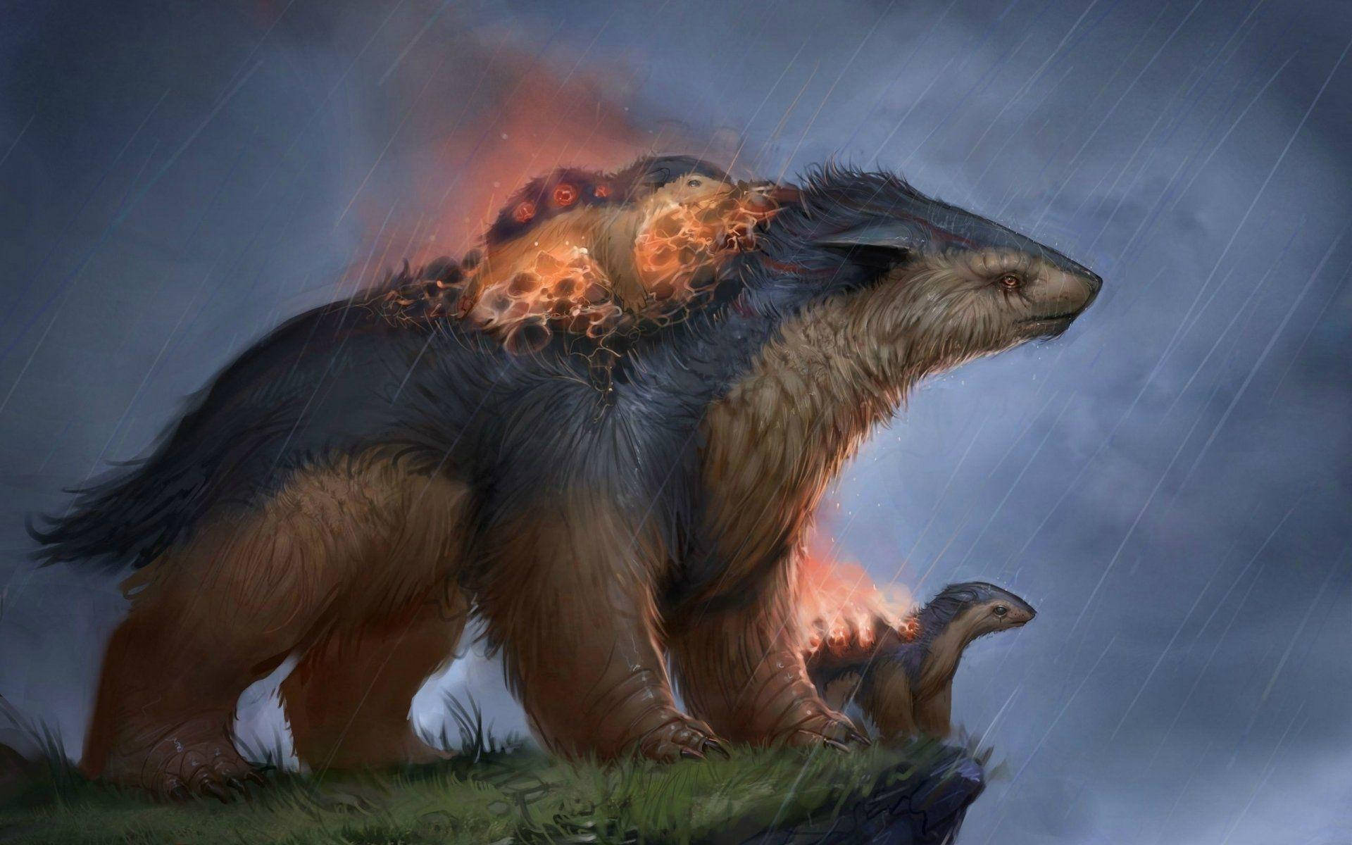 Typhlosion, glowing molten core, rain, Full HD Desktop Wallpaper