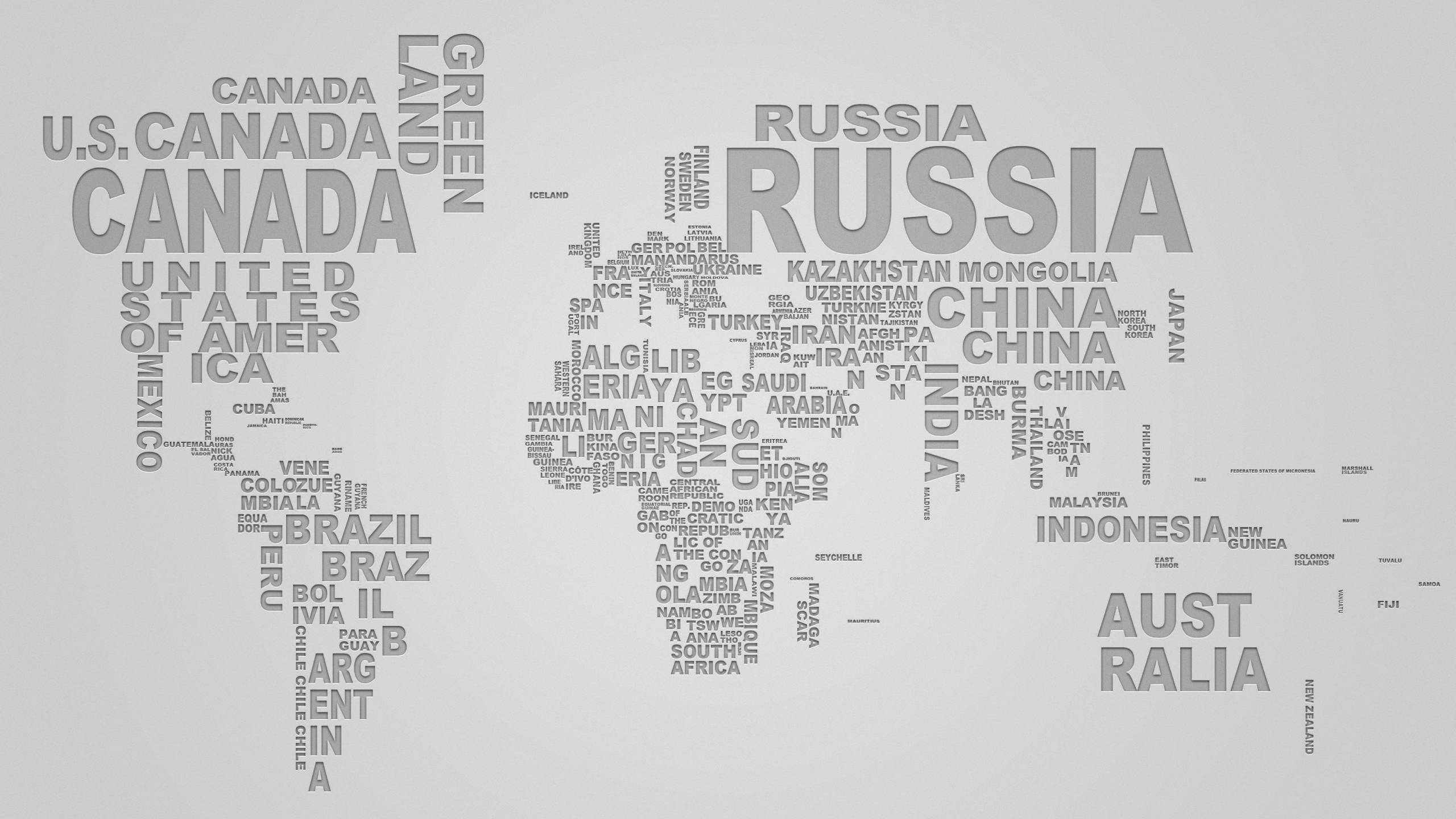 world map, country names, varying font sizes, 2K Desktop Wallpaper
