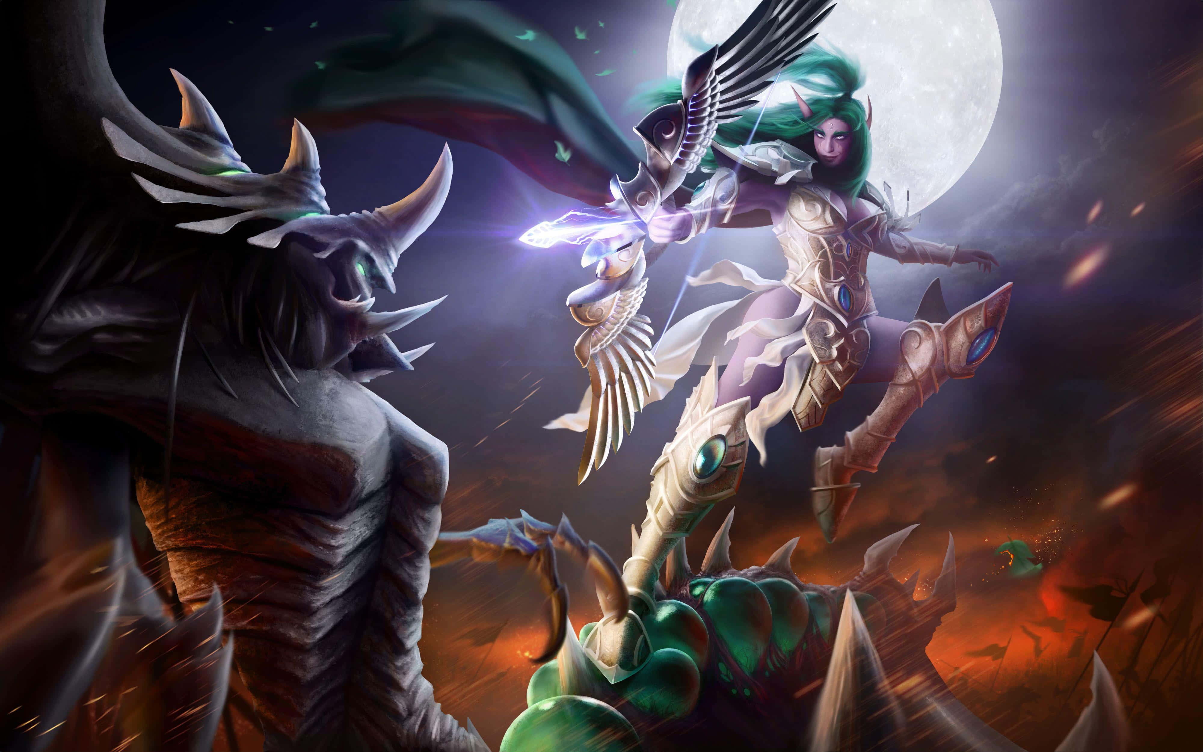 Tyrande Whisperwind, green hair, glowing wings, 4K Desktop Wallpaper