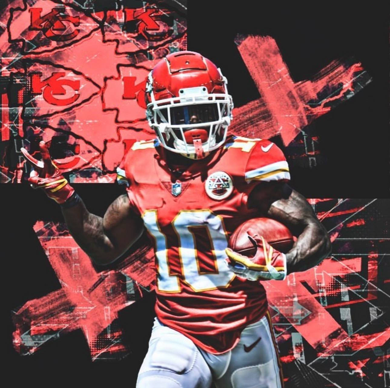 Tyreek Hill, red jersey number 10, bold red and black abstract background, HD Desktop Wallpaper