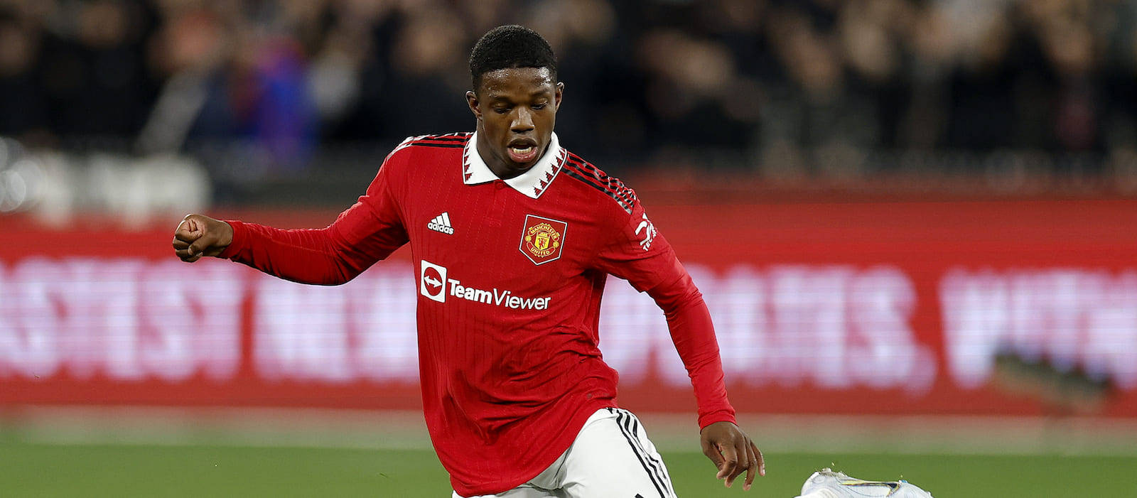 Tyrell Malacia, red Manchester United jersey, green pitch, HD Desktop Wallpaper