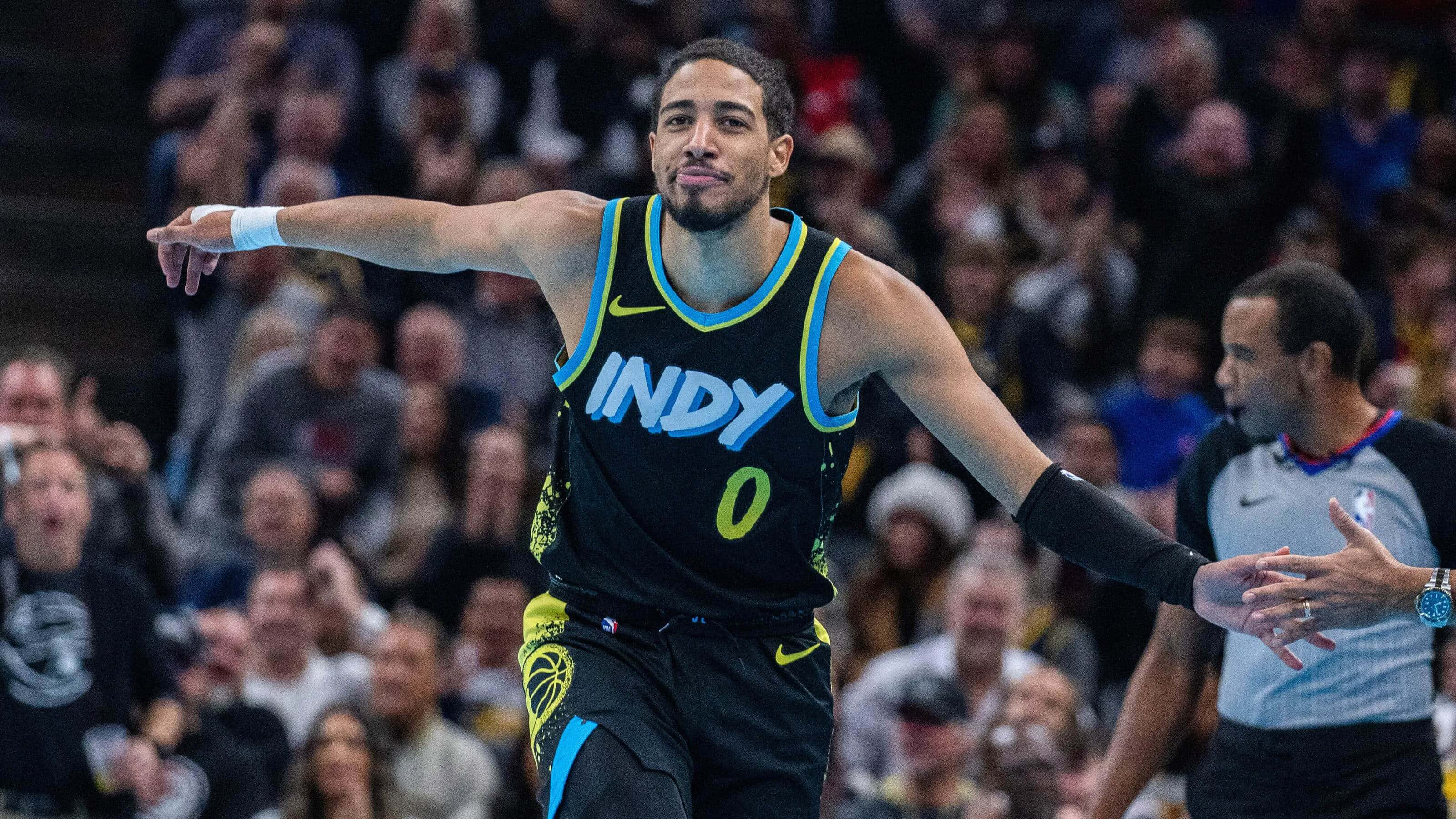 Tyrese Haliburton, black INDY jersey, neon blue and yellow accents, 2K Desktop Wallpaper