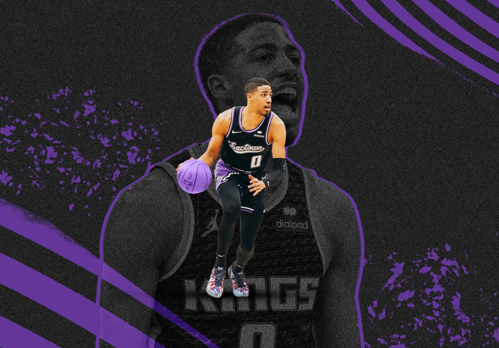 Tyrese Haliburton, black and purple uniform, stylized purple and black background, HD Desktop Wallpaper