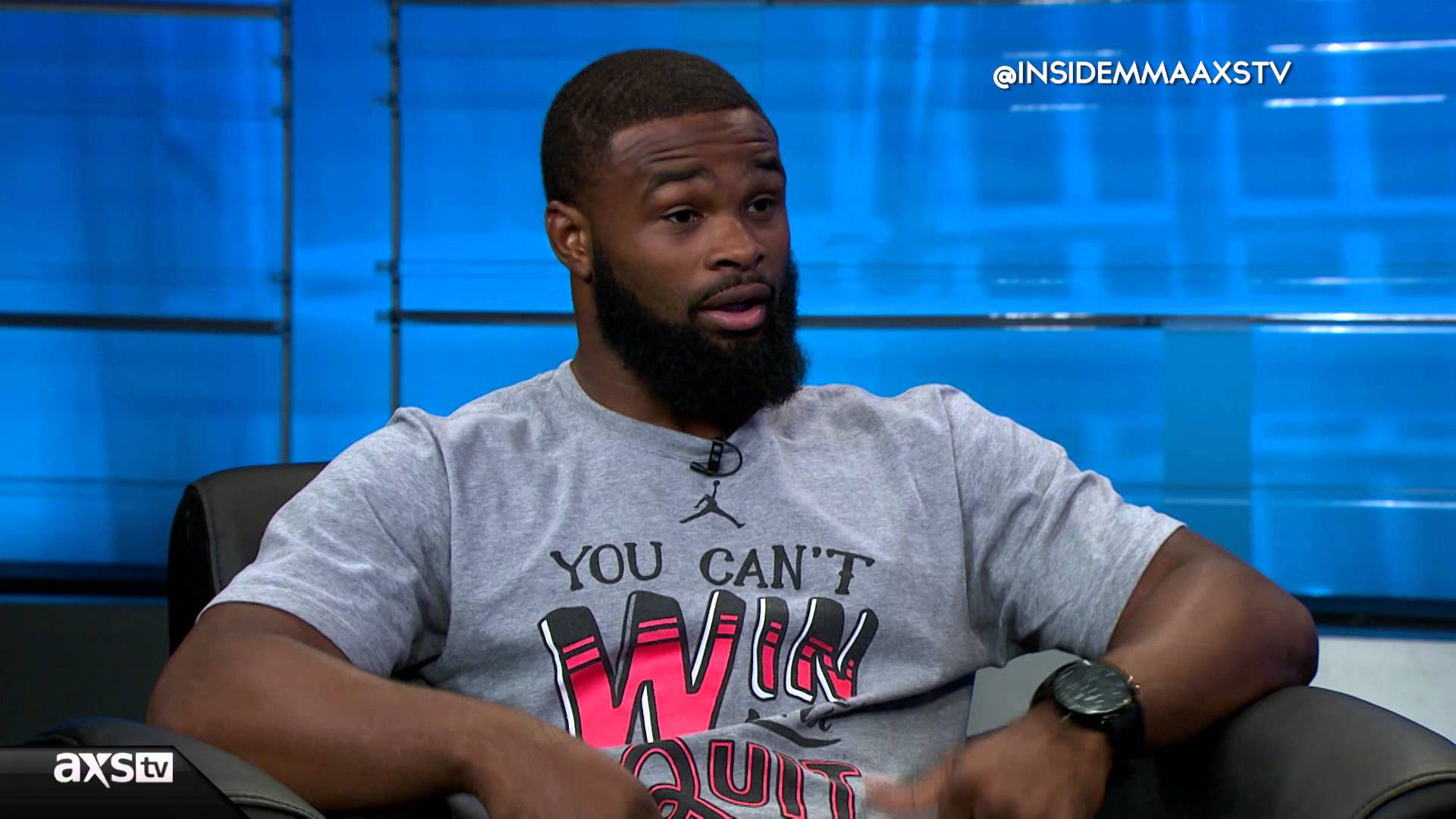 Tyron Woodley, gray t-shirt, blue paneled backdrop, Full HD Desktop Wallpaper