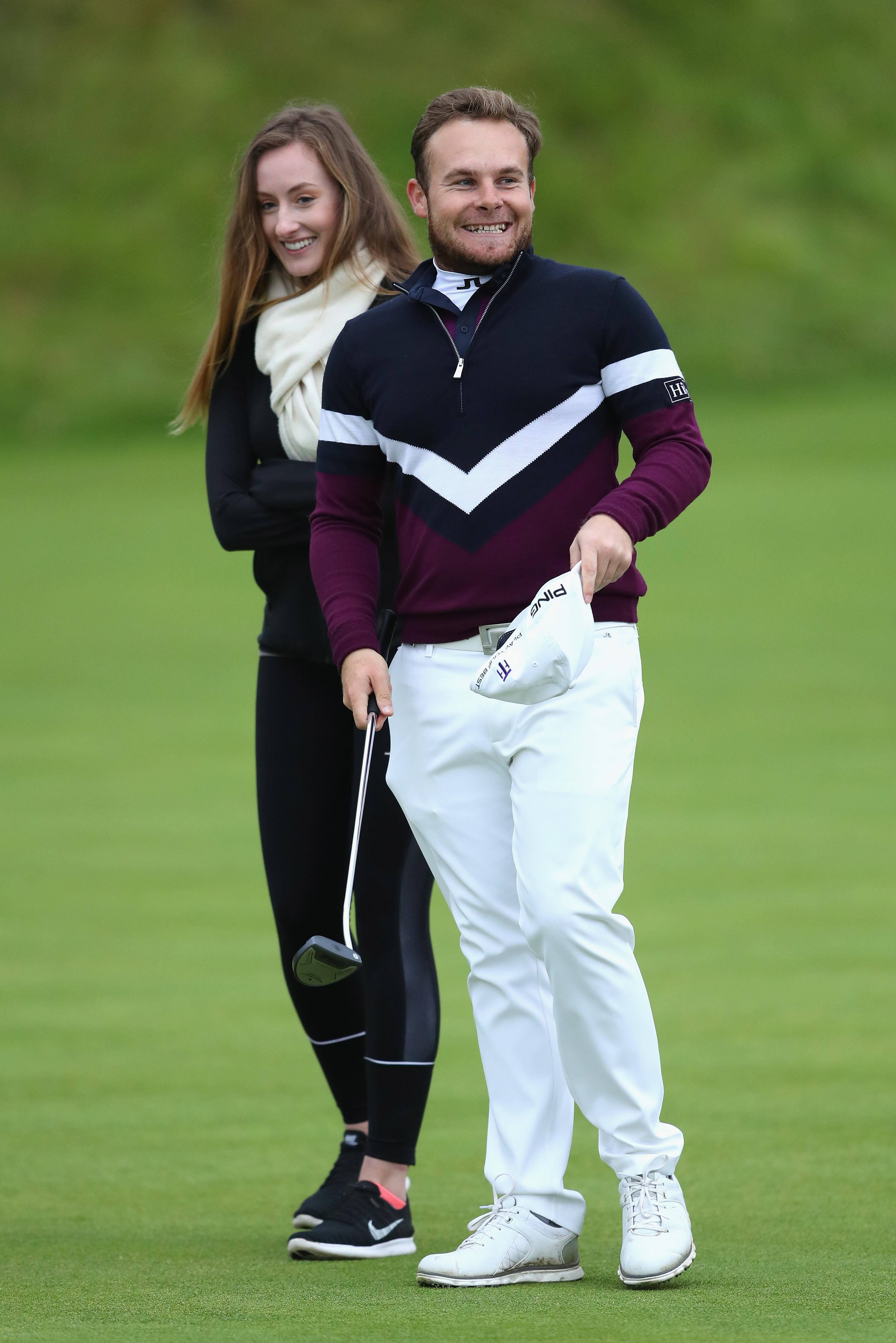 Tyrrell Hatton, golf attire, lush green course, 4K Phone Wallpaper