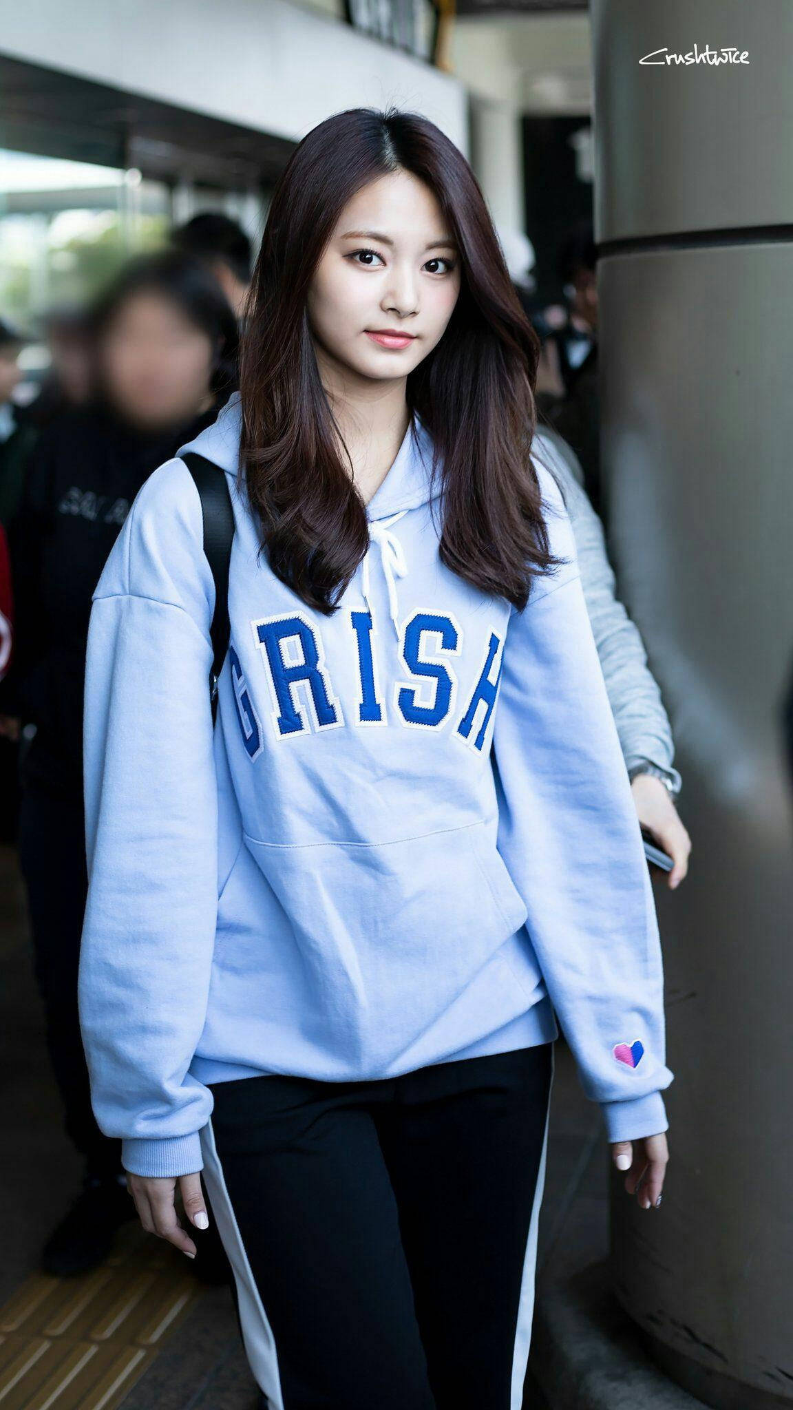 Tzuyu, light blue hoodie, BRISH in bold blue letters, Full HD Phone Wallpaper