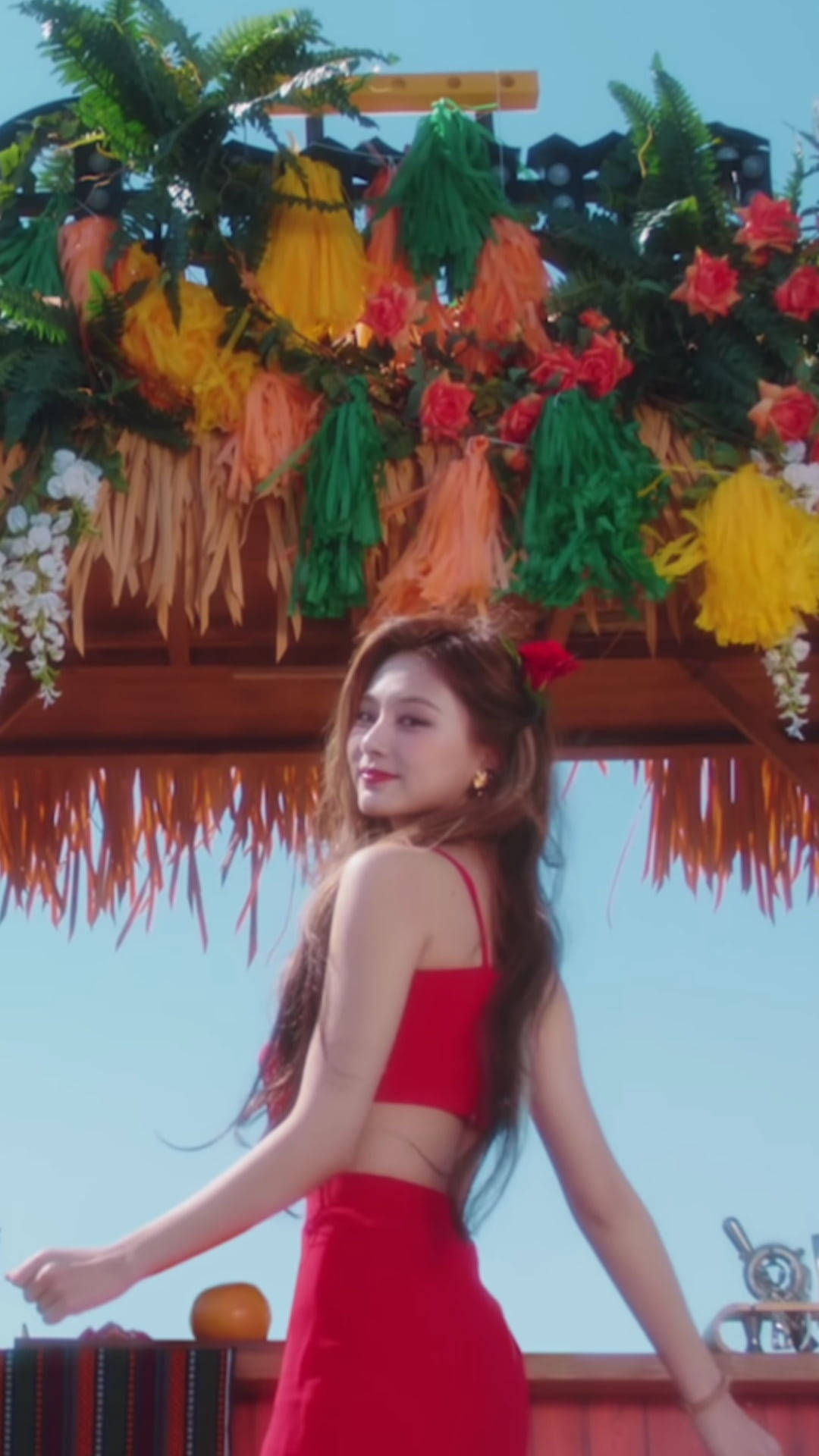Tzuyu, vibrant red dress, tropical thatched roof, Full HD Phone Wallpaper