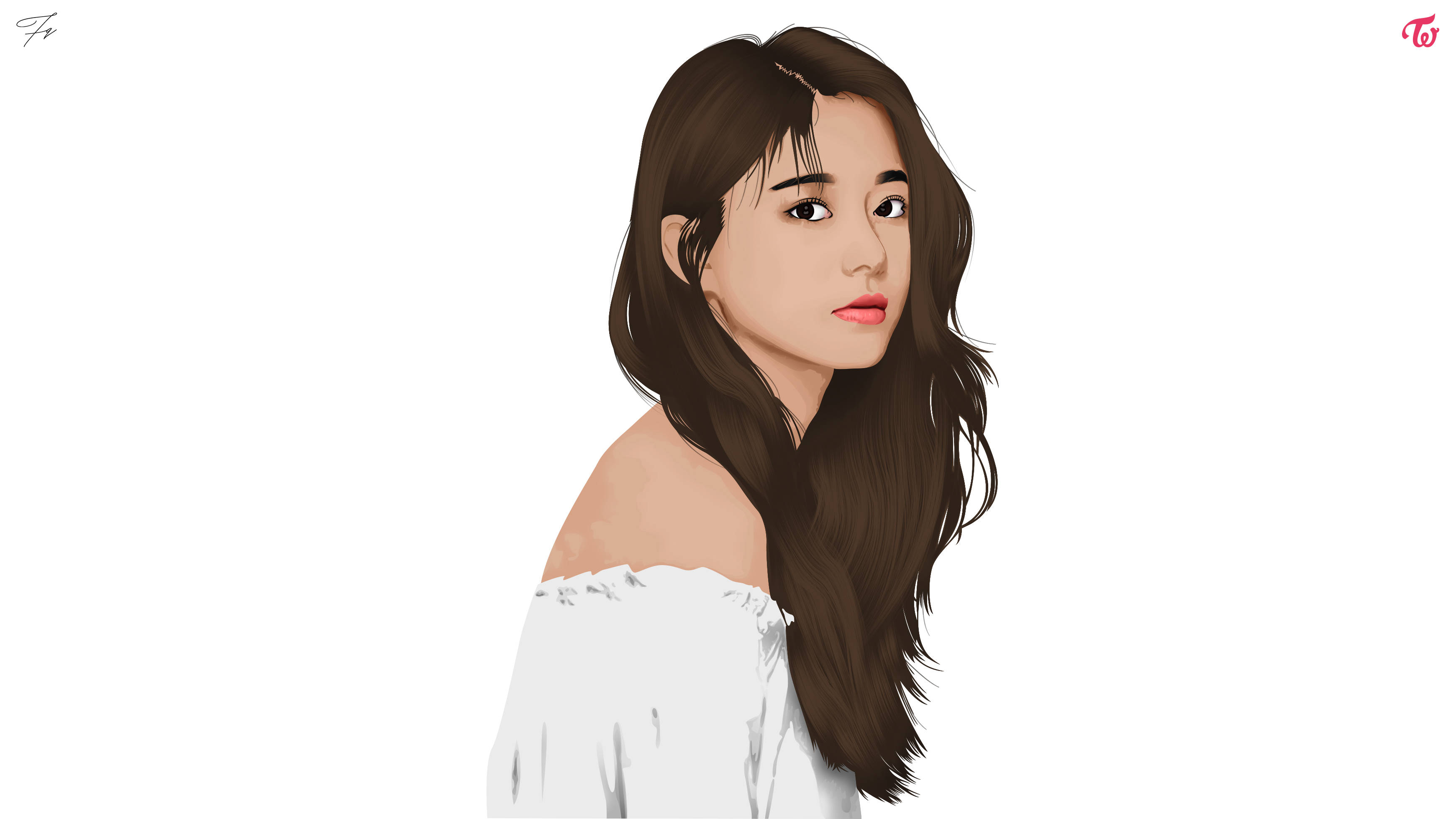 Tzuyu, long brown hair, white off-shoulder top, 2K Desktop Wallpaper