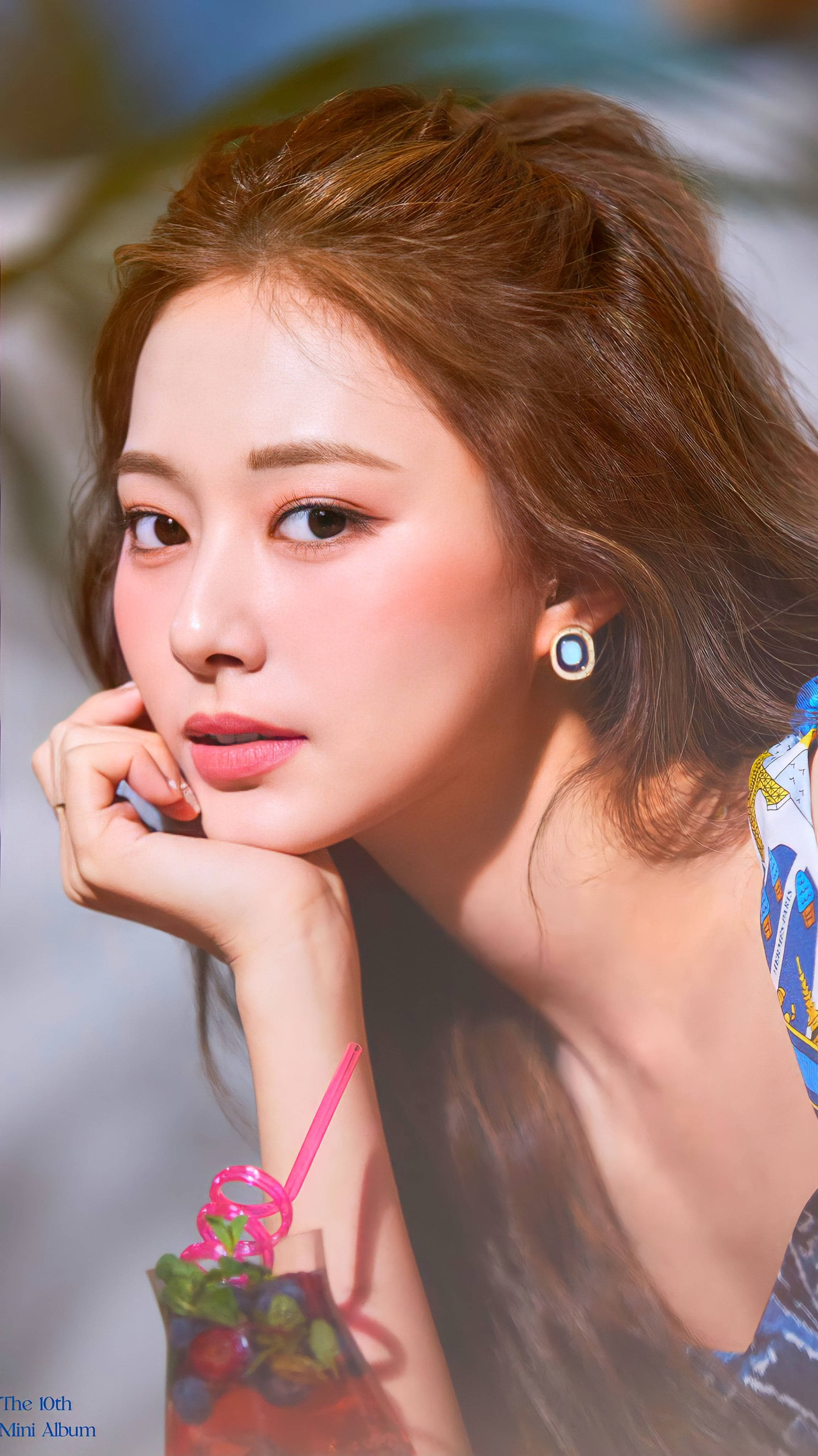 Tzuyu, warm brown hair, colorful fruit drink, 4K Phone Wallpaper