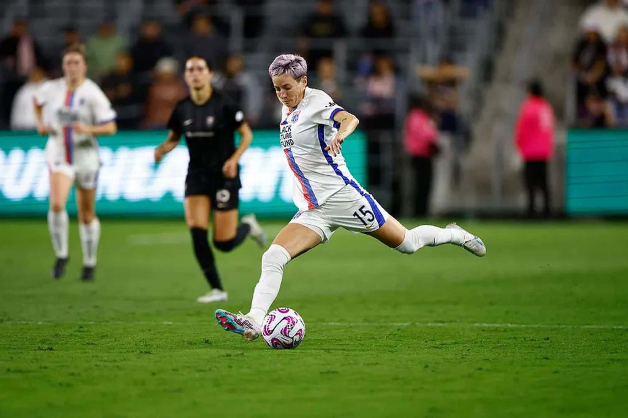 women soccer player, purple hair, white jersey, Full HD Desktop Wallpaper