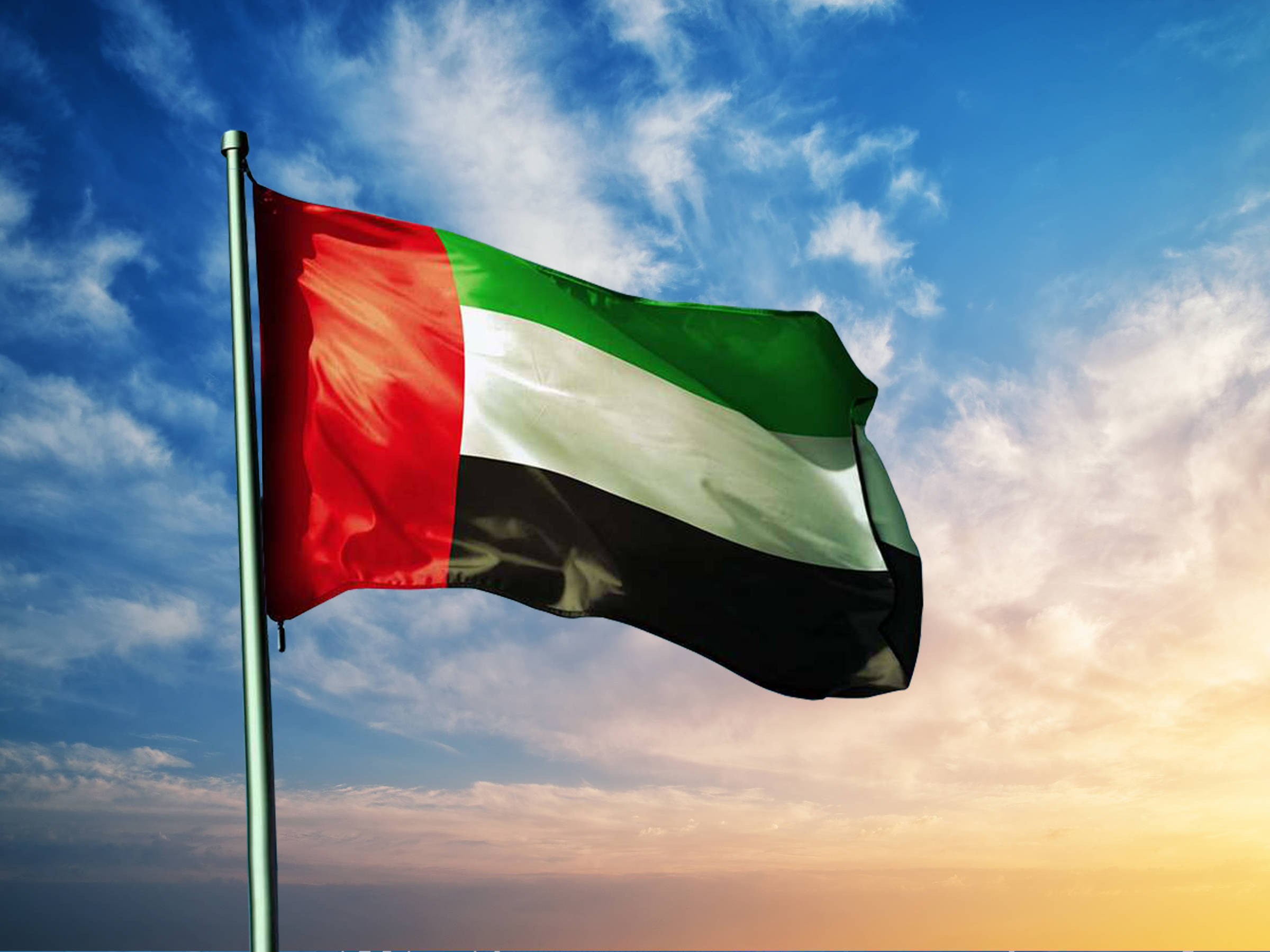 UAE Flag, vibrant blue sky, golden sunset hues, Full HD Desktop Wallpaper