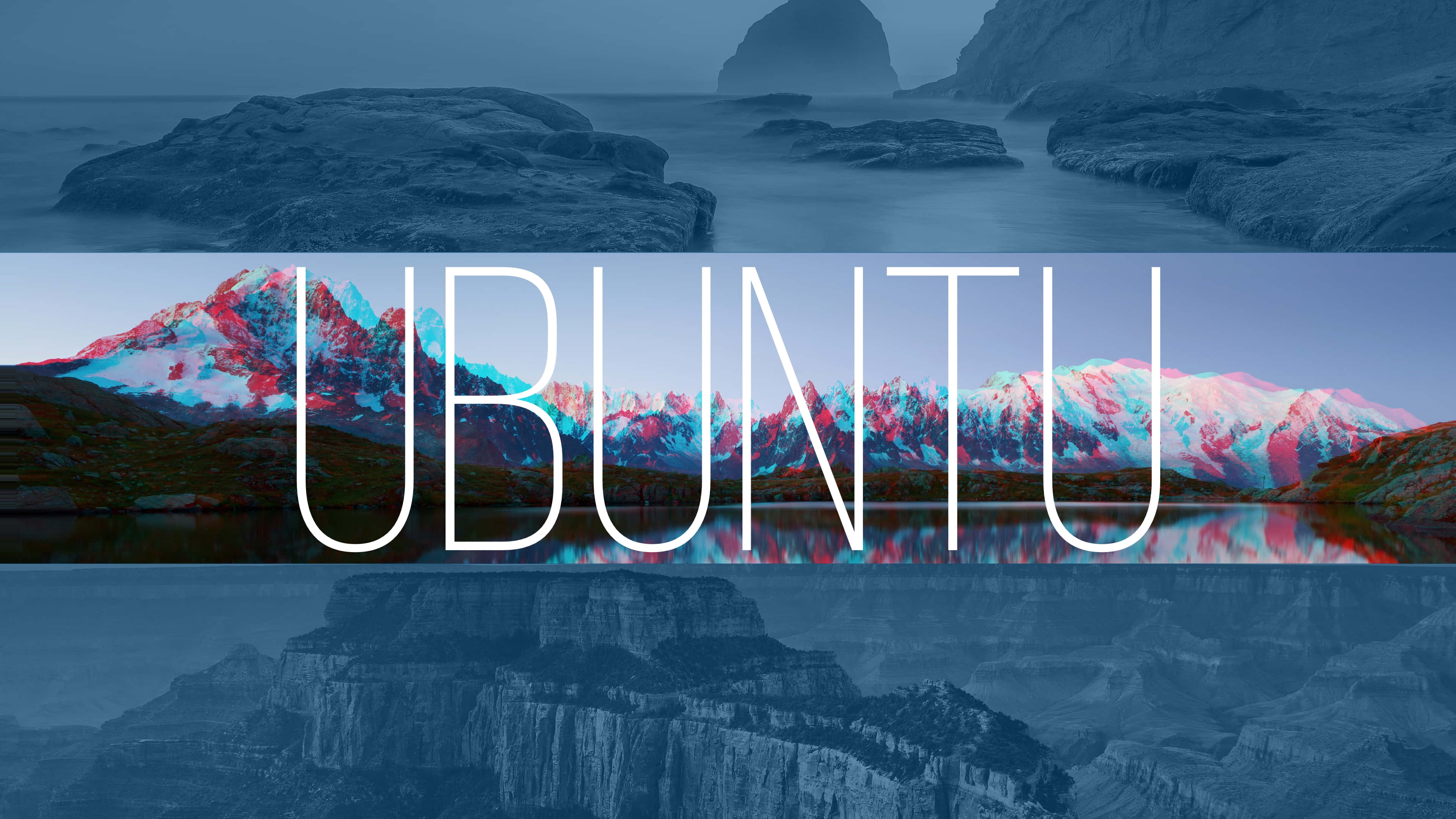 Ubuntu 4K, glitchy red and cyan anaglyph style, triptych, 4K Desktop Wallpaper