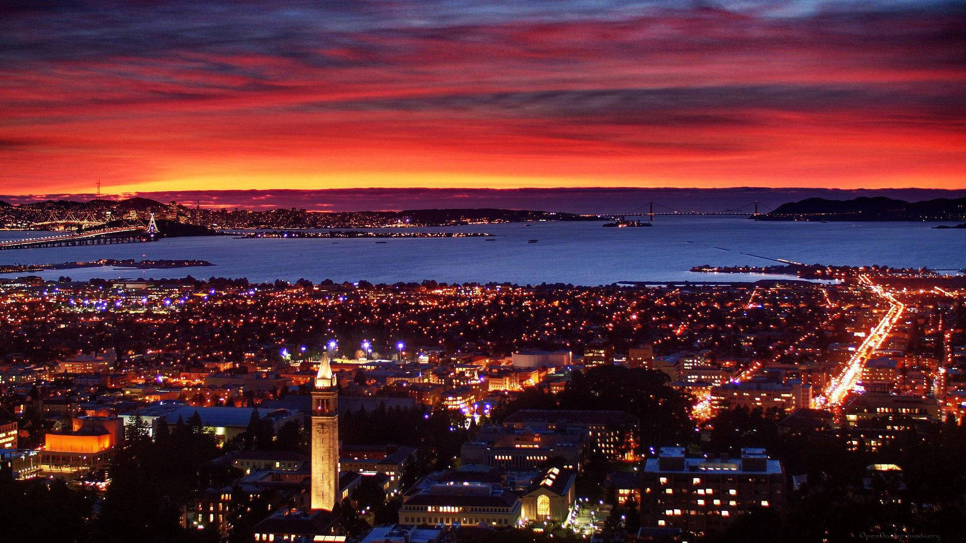 UCB Night Skyline, sunset, fiery reds and oranges, Full HD Desktop Wallpaper