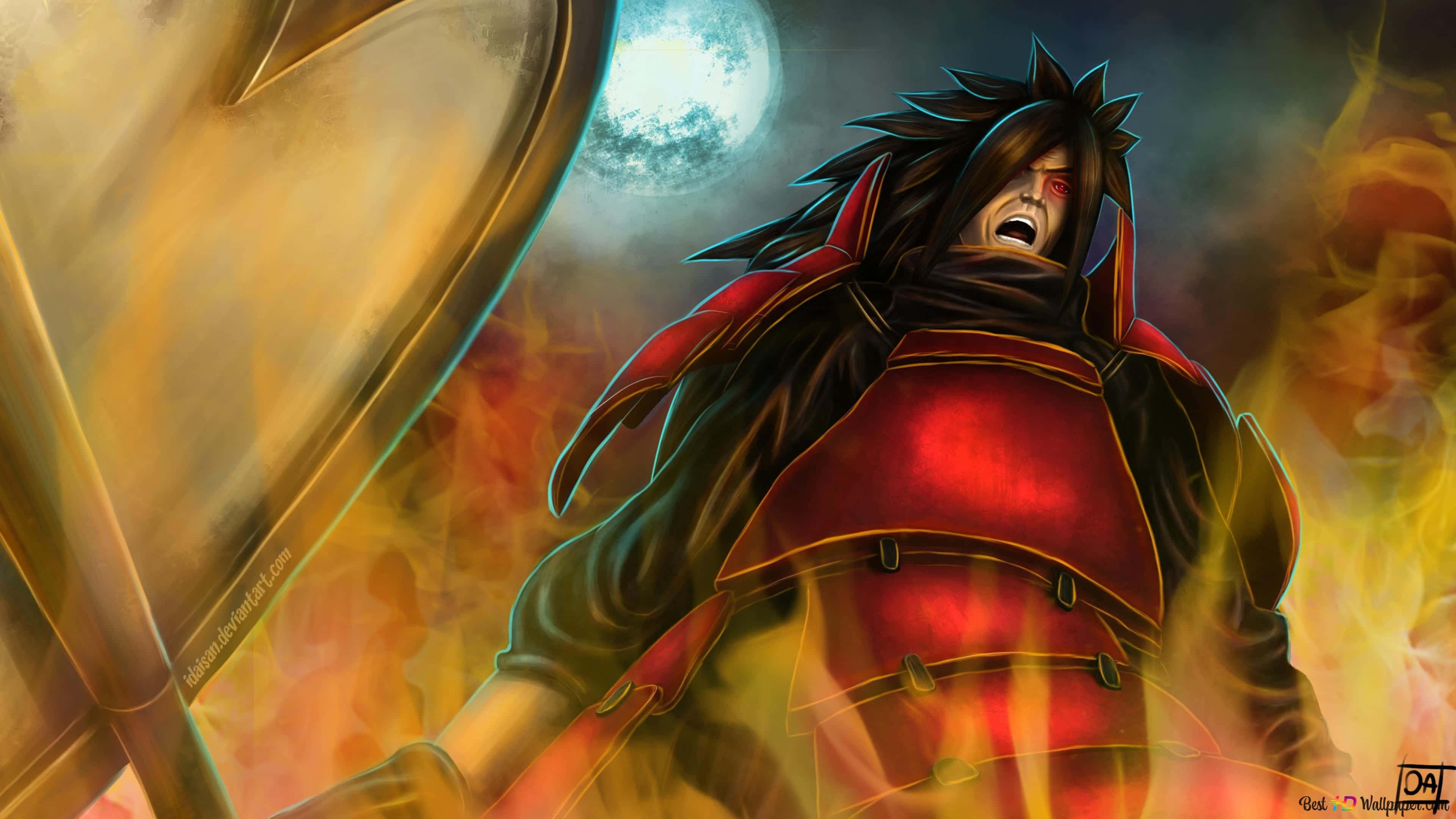 Uchiha Clan, red armor, full moon, 4K Desktop Wallpaper