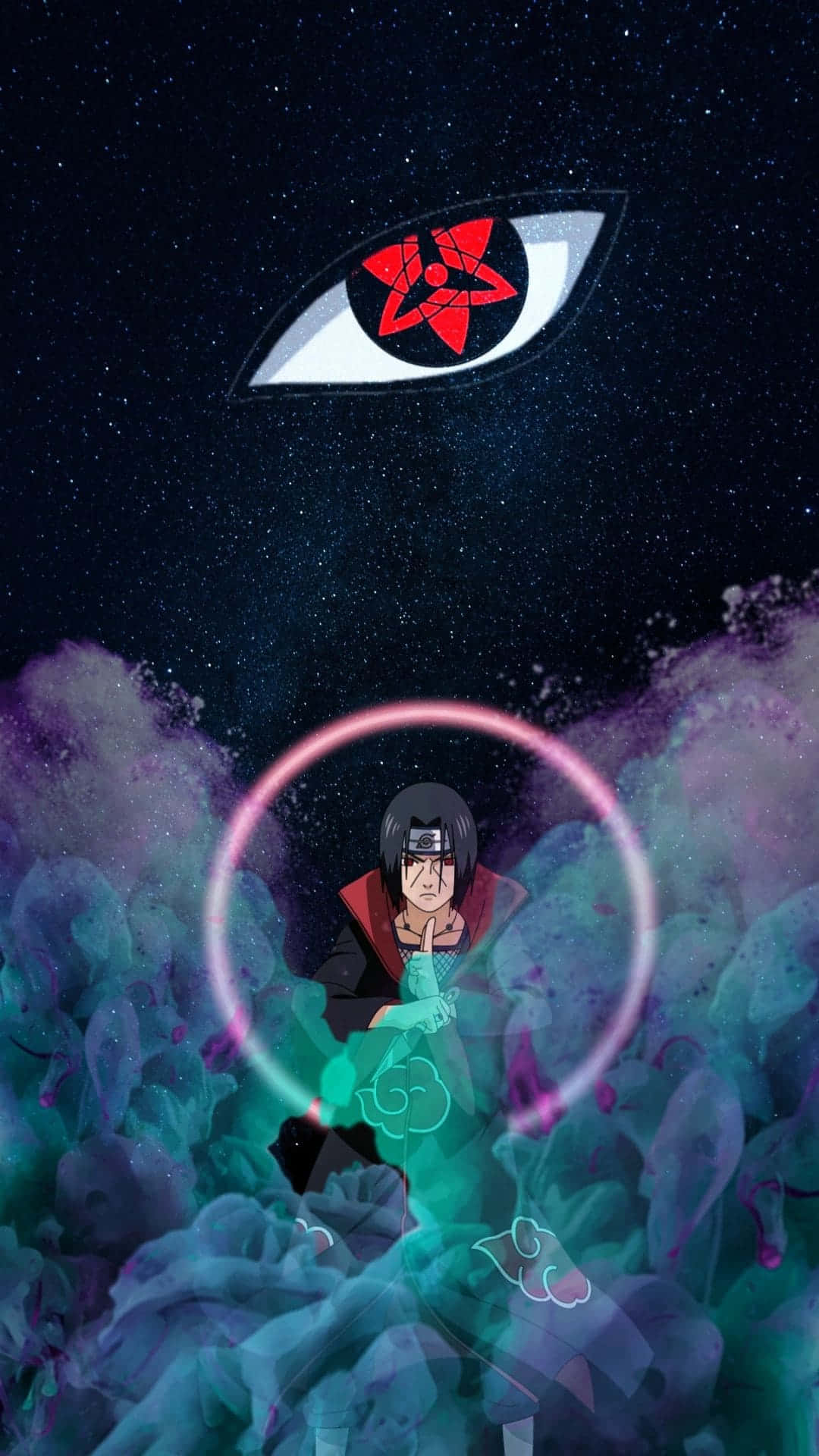Uchiha iPhone, red cloak, teal and purple clouds, Full HD Phone Wallpaper
