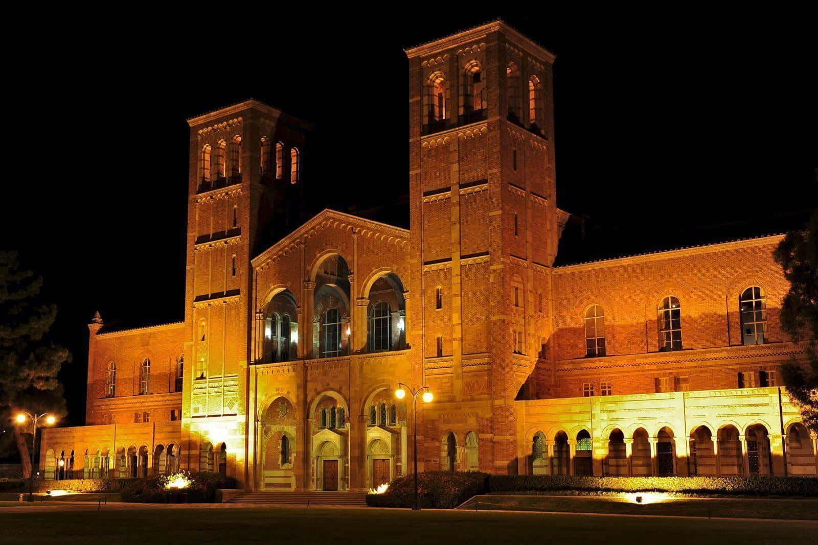 UCLA Campus, brick university building, warm lights, HD Desktop Wallpaper