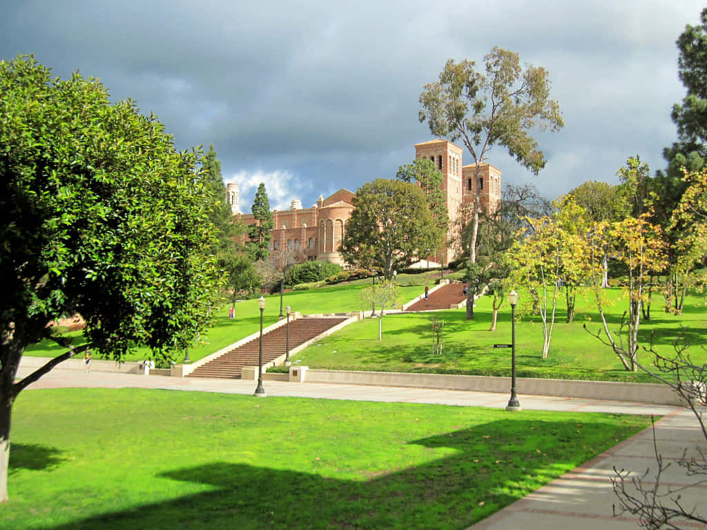 UCLA Campus, brick university building, sweeping green lawns, SD Desktop Wallpaper