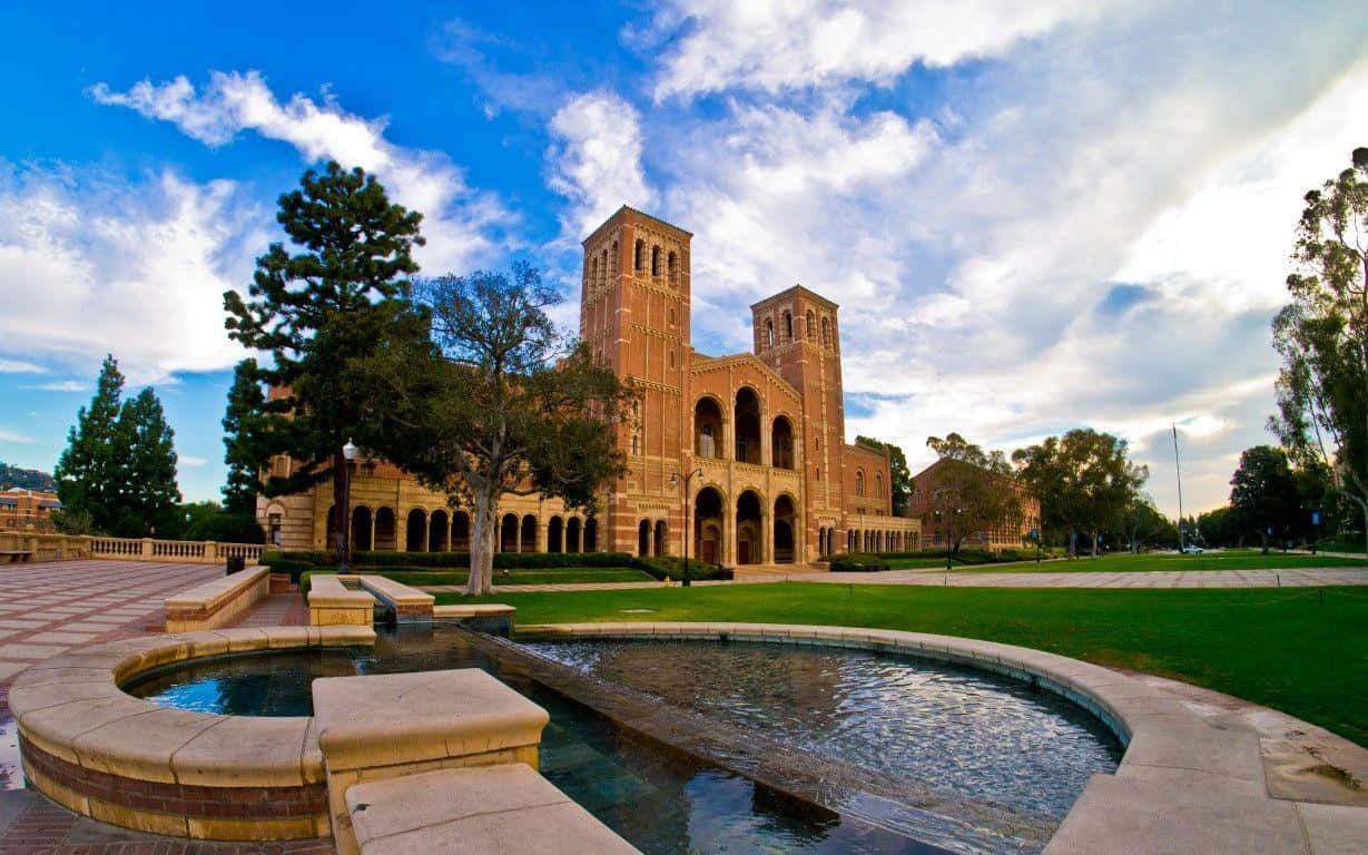 UCLA Campus, brick university building, twin towers, SD Desktop Wallpaper