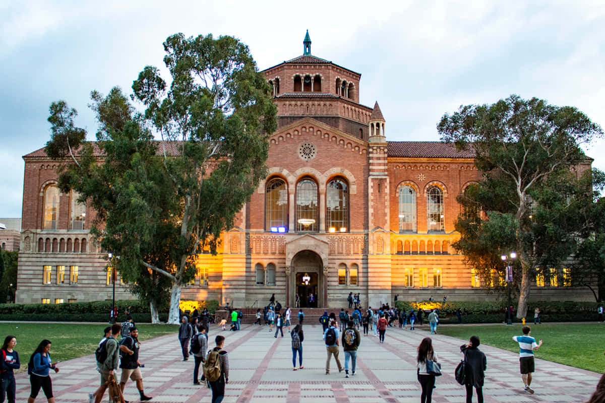 Ucla Campus, red brick university building, paved plaza, SD Desktop Wallpaper