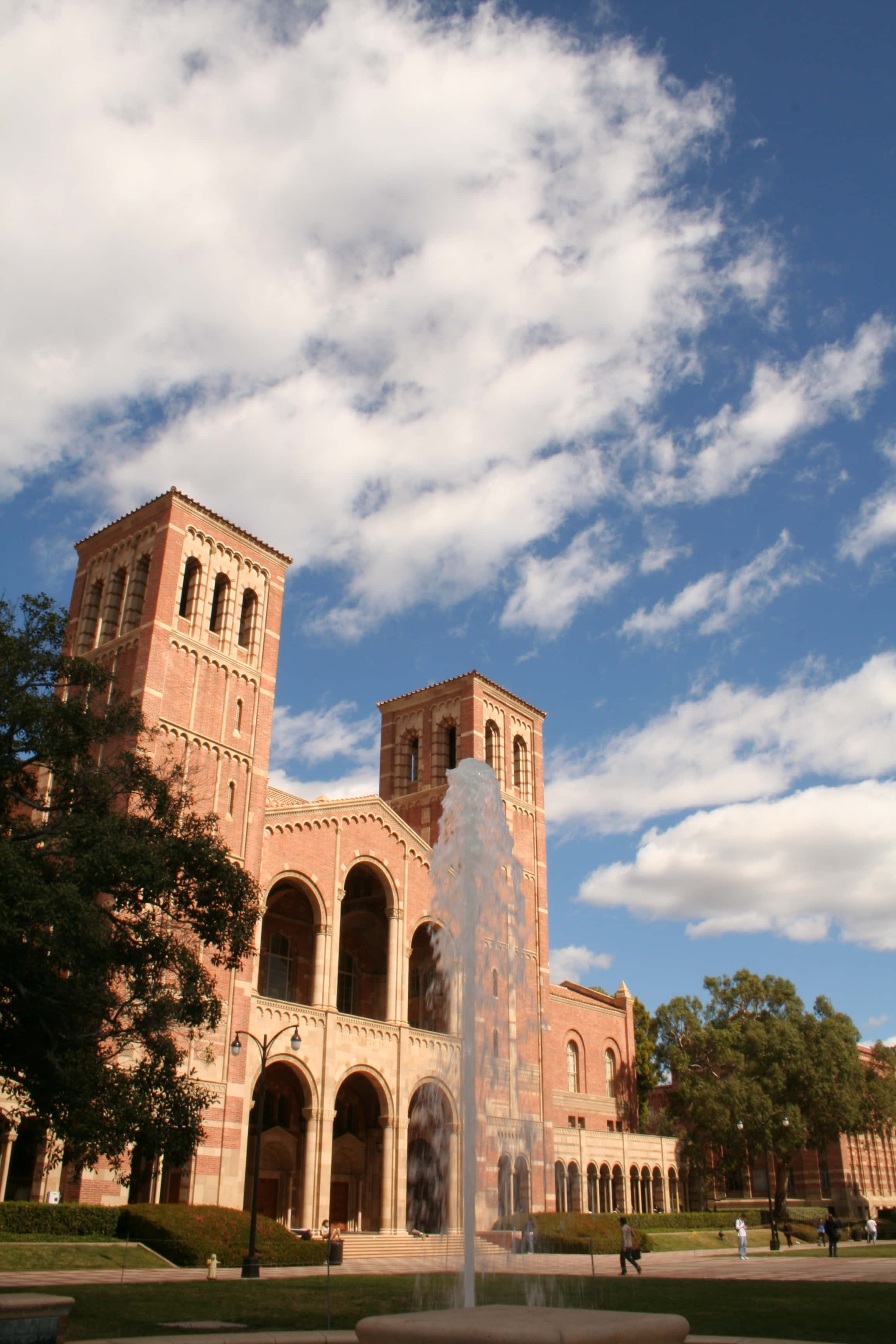 UCLA Campus, red brick university building, twin towers, 2K Phone Wallpaper