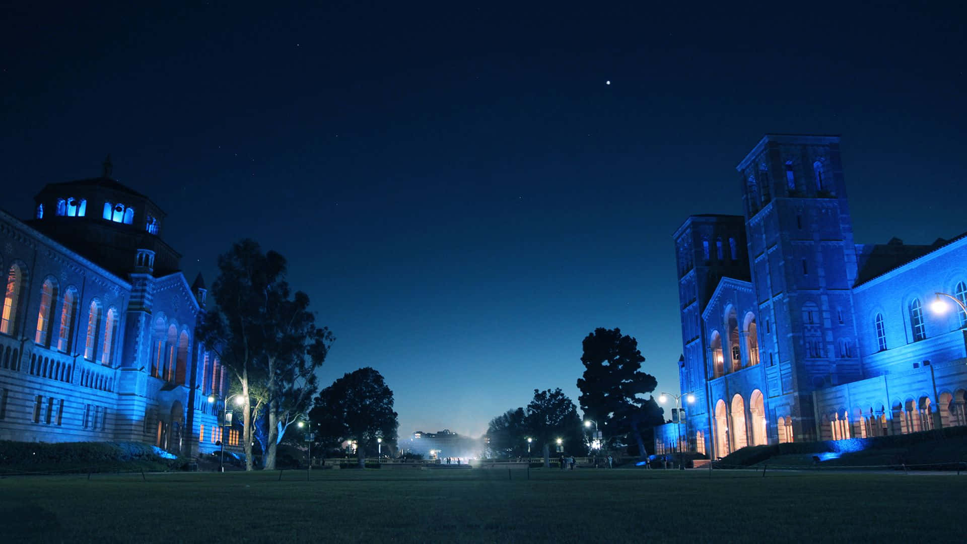 Ucla Campus, blue lights, starry night sky, Full HD Desktop Wallpaper