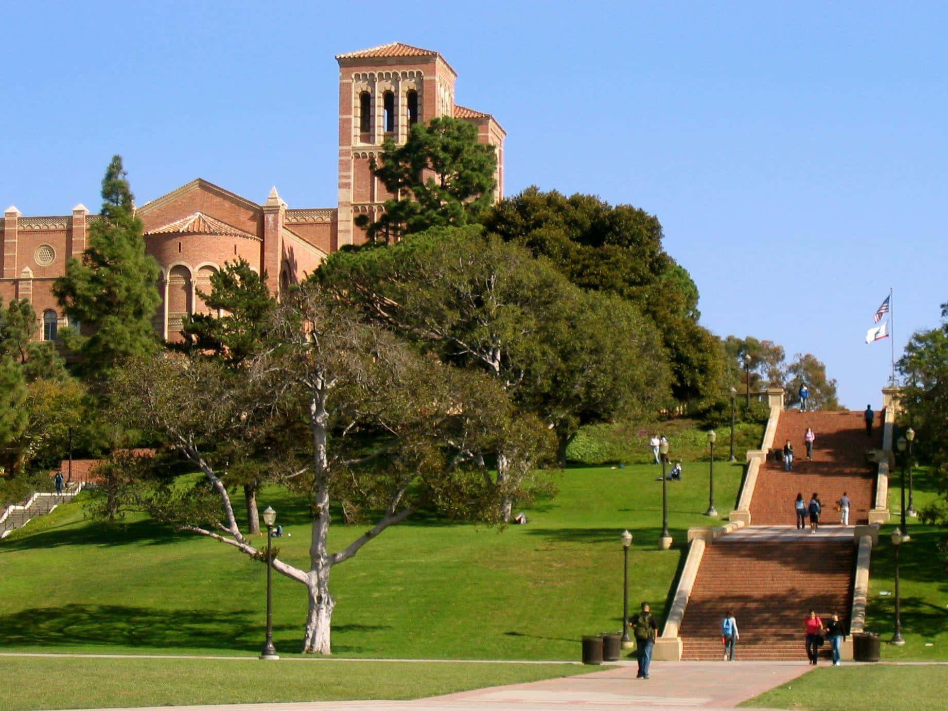 Ucla Campus, brick university building, clock tower, HD Desktop Wallpaper