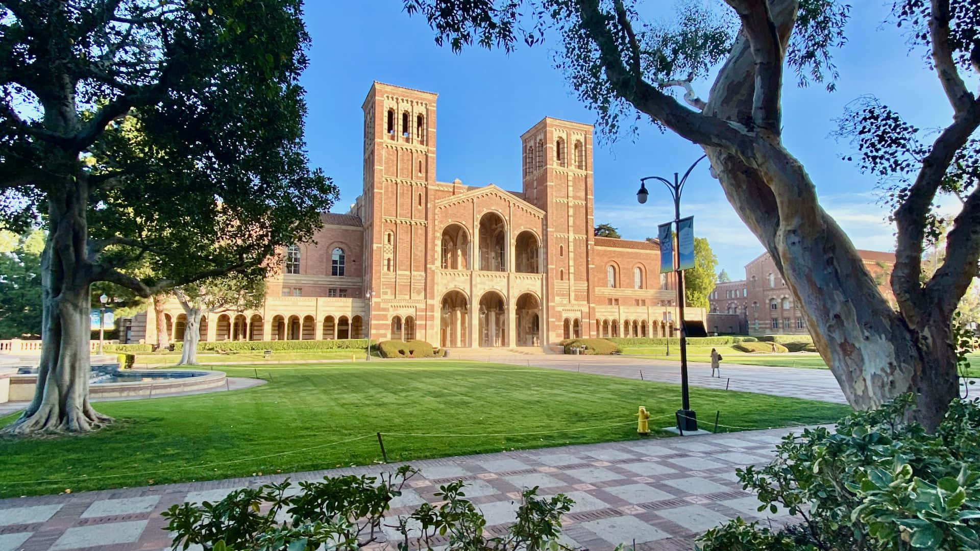 UCLA Campus, red brick university building, twin towers, Full HD Desktop Wallpaper