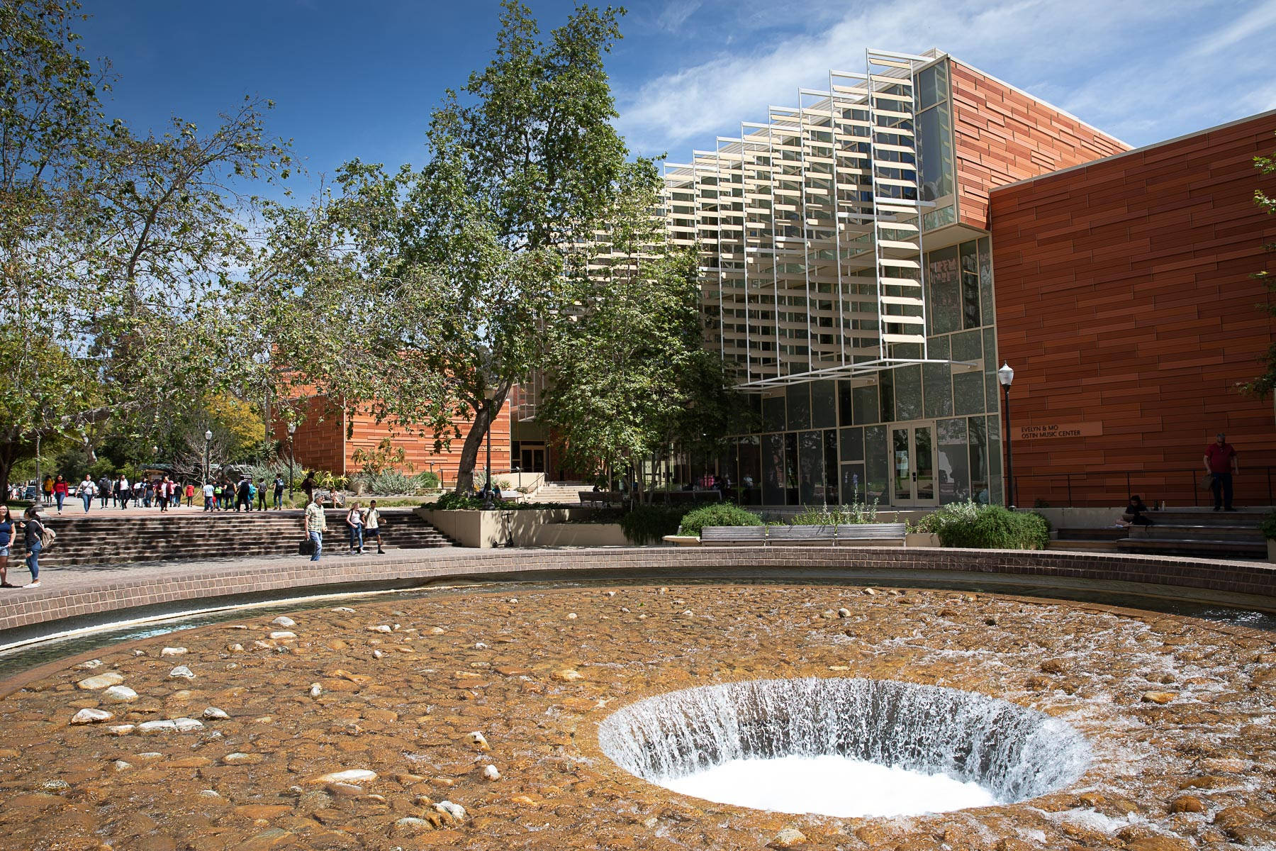 inverted fountain, UCLA, glass and terracotta facade, HD Desktop Wallpaper