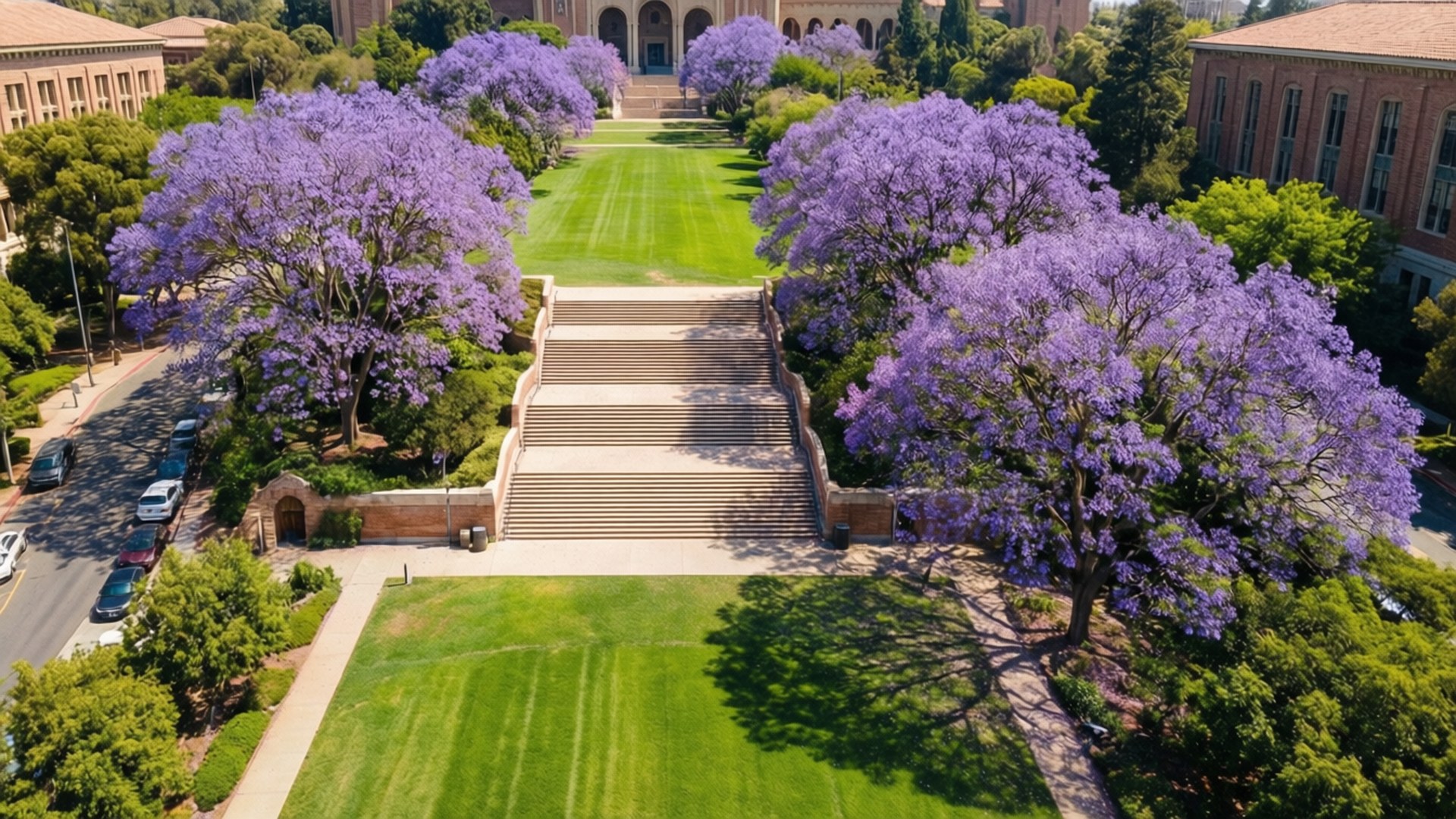 Ucla, jacaranda trees, stone steps, Full HD Desktop Wallpaper