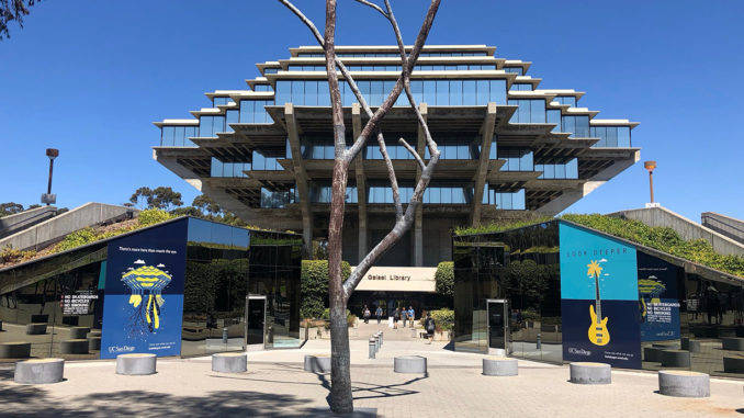 UCSD, Modern brutalist library, tiered glass facade, SD Desktop Wallpaper
