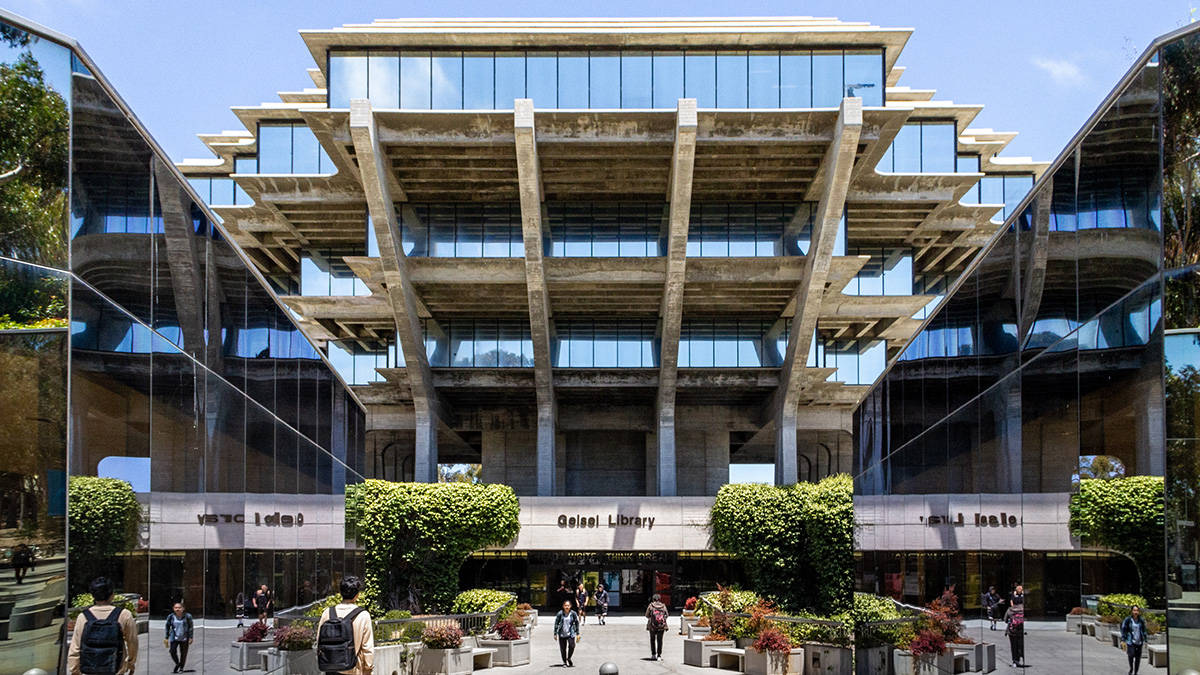 UCSD, reflective glasses, modern concrete and glass library building, SD Desktop Wallpaper