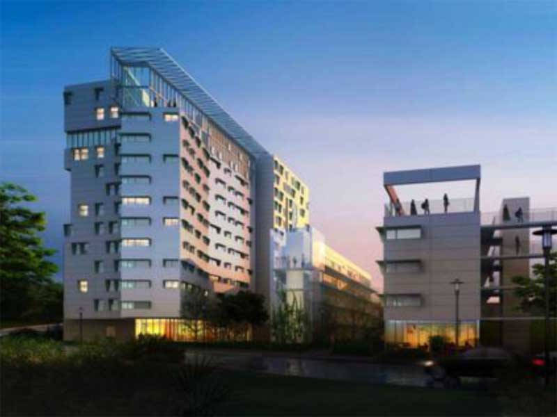 UCSD, modern glass and concrete apartment buildings, dusk, SD Desktop Wallpaper