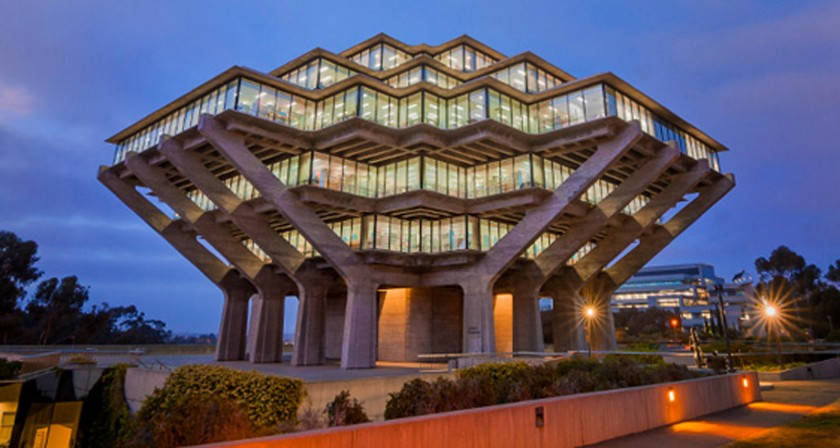 UCSD, early night, geometric concrete building, SD Desktop Wallpaper