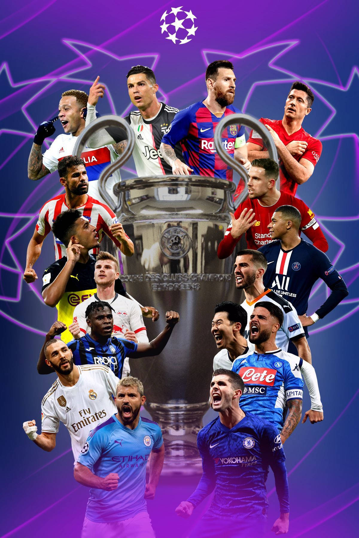 UEFA Champions League, Star Player League, purple starburst background, HD Phone Wallpaper