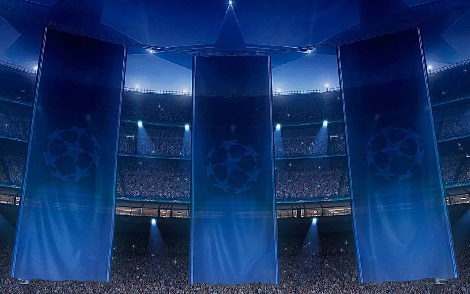 UEFA Champions League, blue banners, packed stadium, HD Desktop Wallpaper