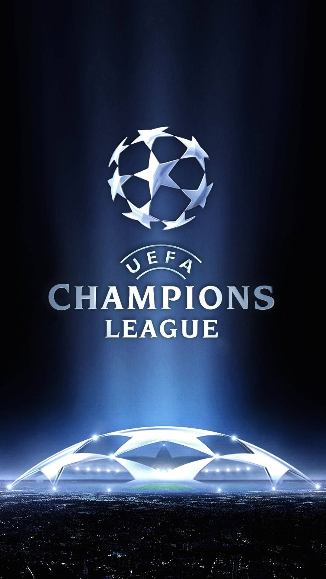 UEFA Champions League logo, radiant blue light, futuristic stadium, Full HD Phone Wallpaper