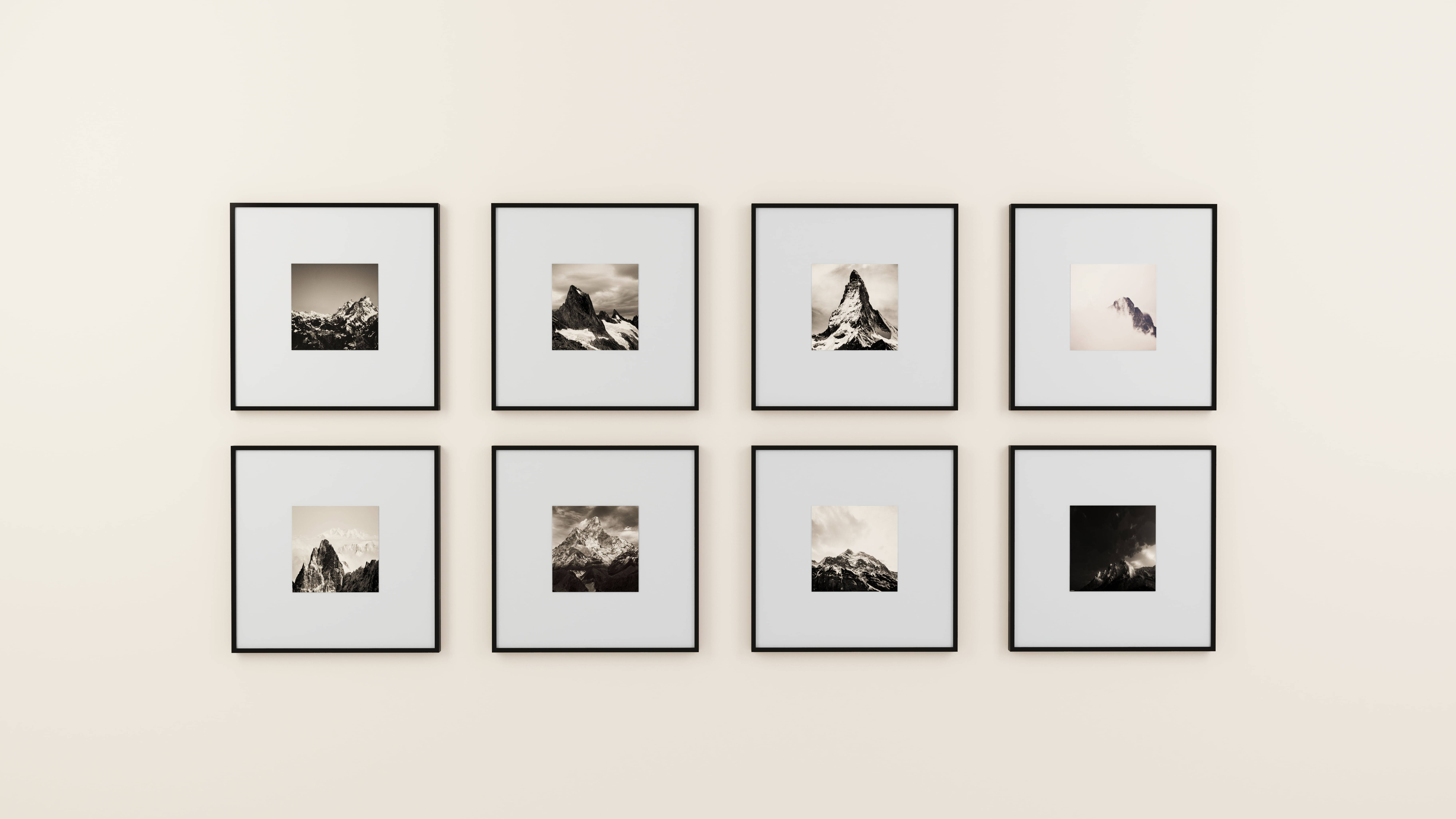 B&W Mountains Art Gallery Exhibit, black-framed mountain photographs, monochrome, 8K Desktop Wallpaper