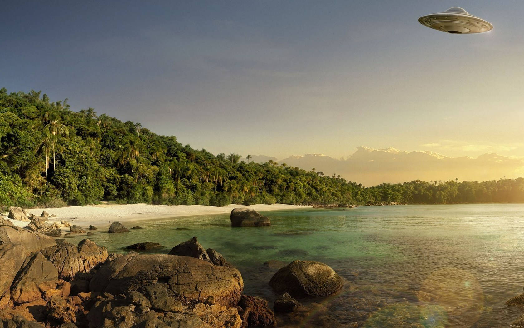 UFO, tropical island, tropical beach, HD Desktop Wallpaper