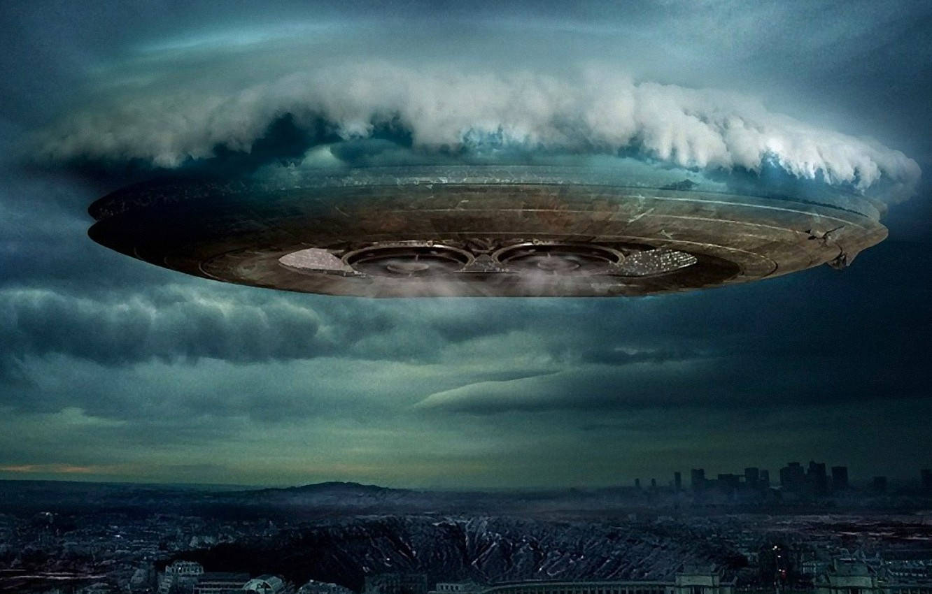 UFO, city, stormy twilight sky, HD Desktop Wallpaper