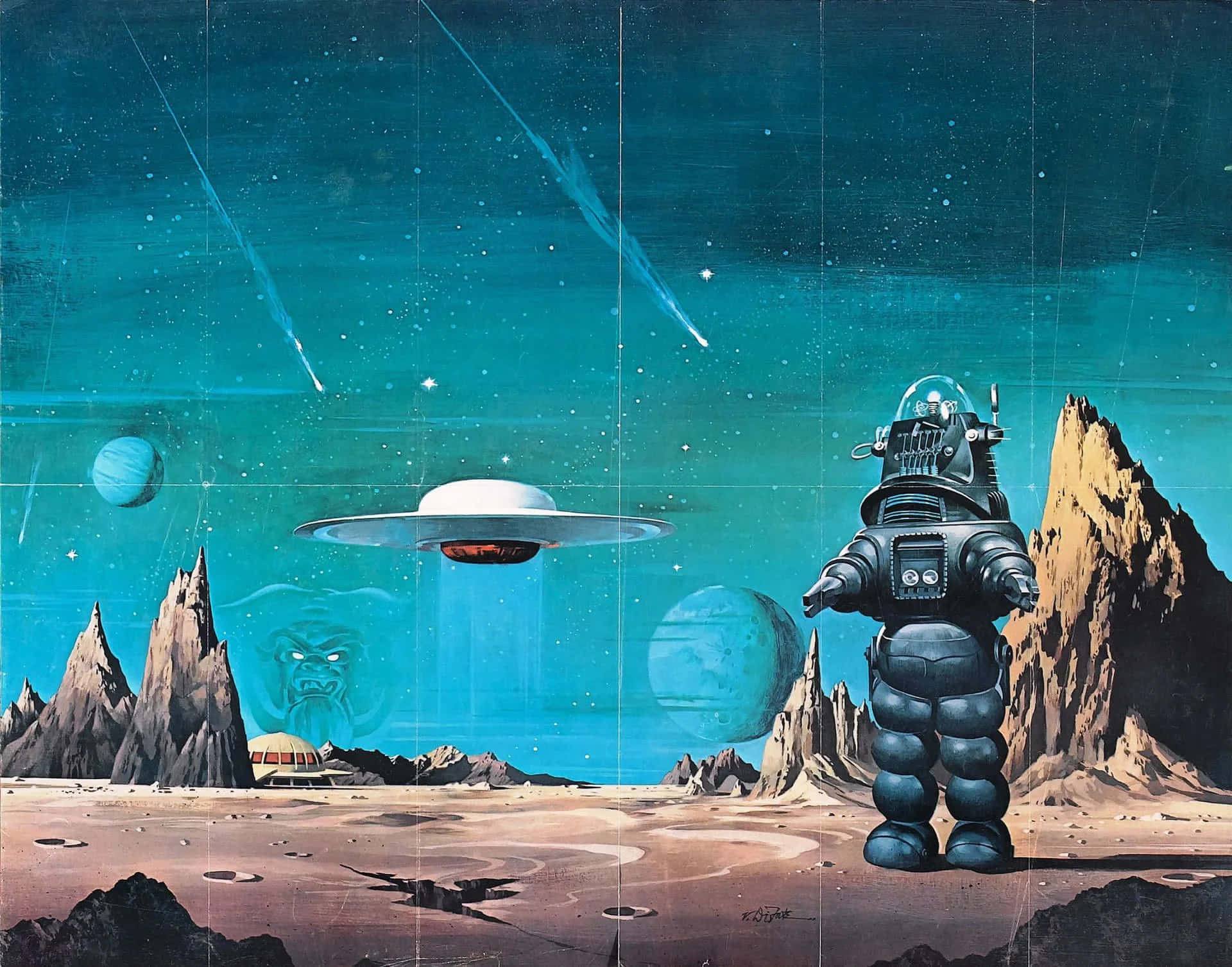 retro futurism, UFO, barren alien planet, Full HD Desktop Wallpaper