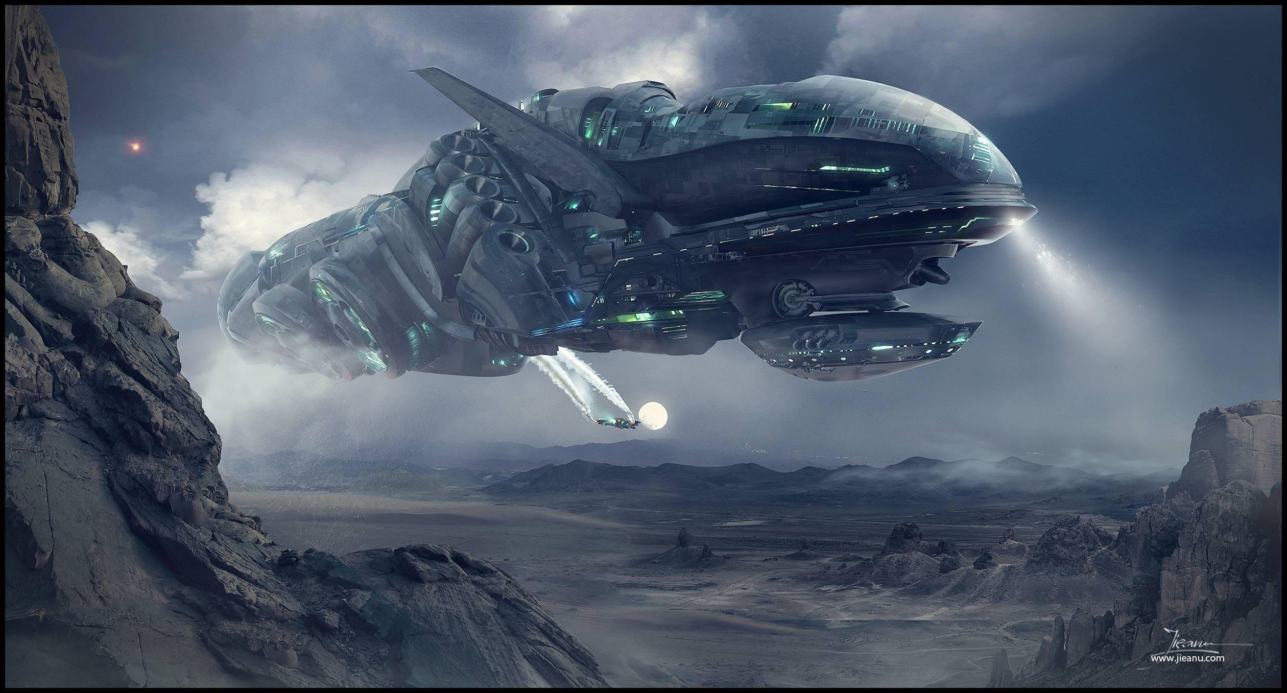fish-like UFO, futuristic spaceship, desolate rocky canyon, Full HD Desktop Wallpaper