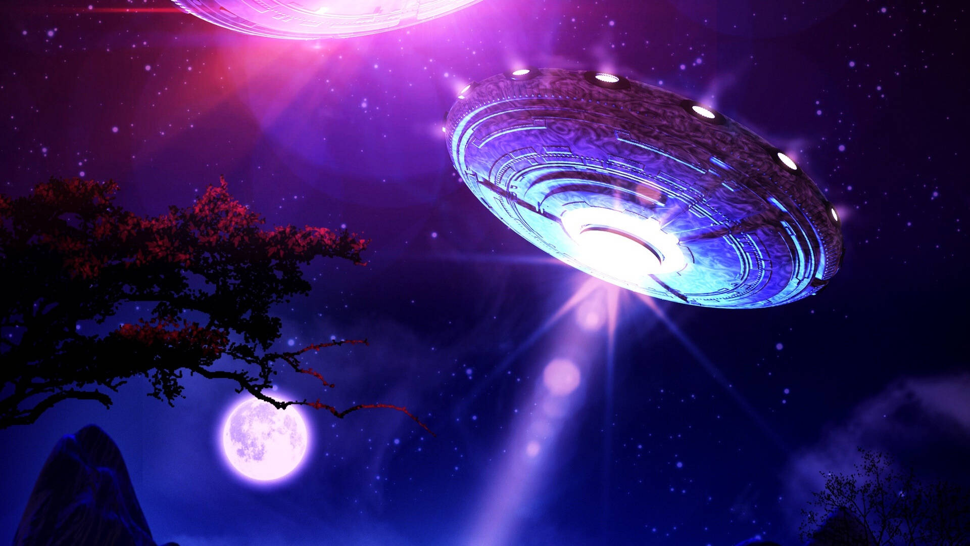 UFO, glowing blue, moonlit tree silhouette, Full HD Desktop Wallpaper
