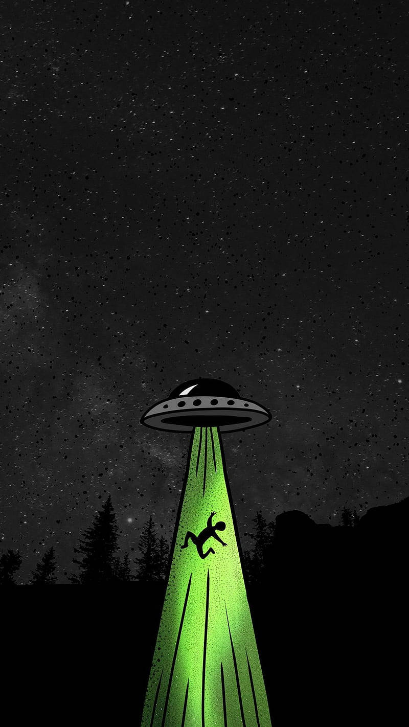 UFO, green beam, human silhouette, HD Phone Wallpaper