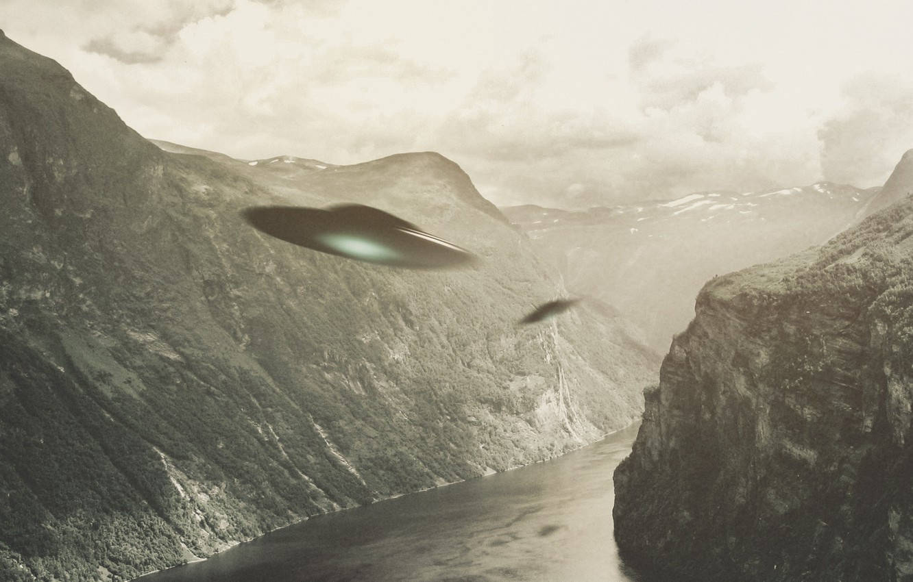 UFO, misty fjord, towering mountains, HD Desktop Wallpaper