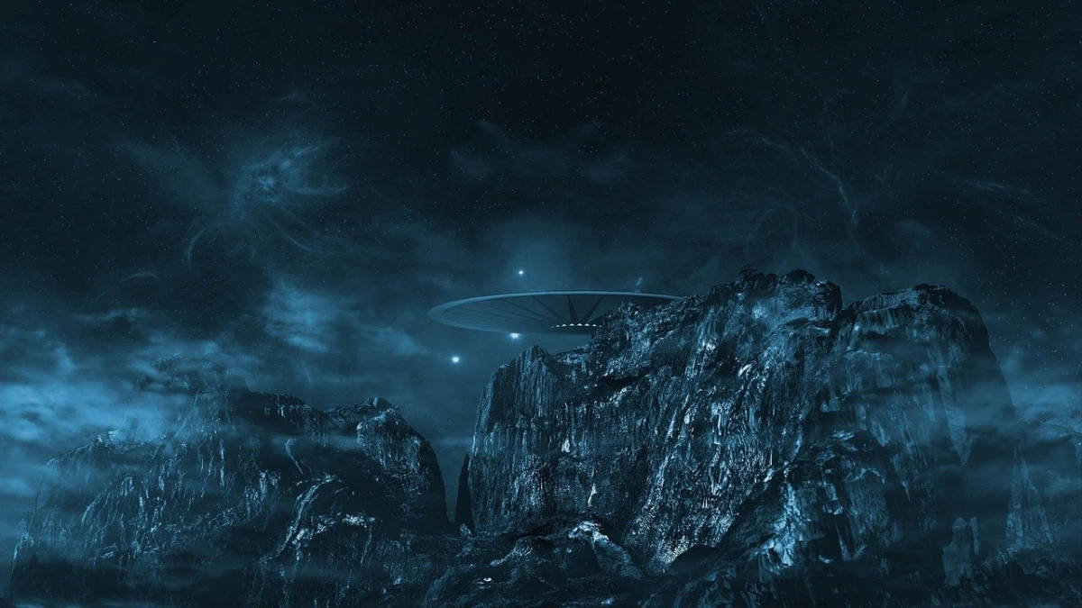 UFO, alien cliff, jagged alien mountains, SD Desktop Wallpaper