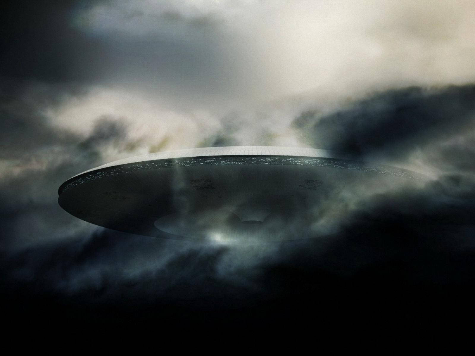 UFO, metallic, storm clouds, HD Desktop Wallpaper