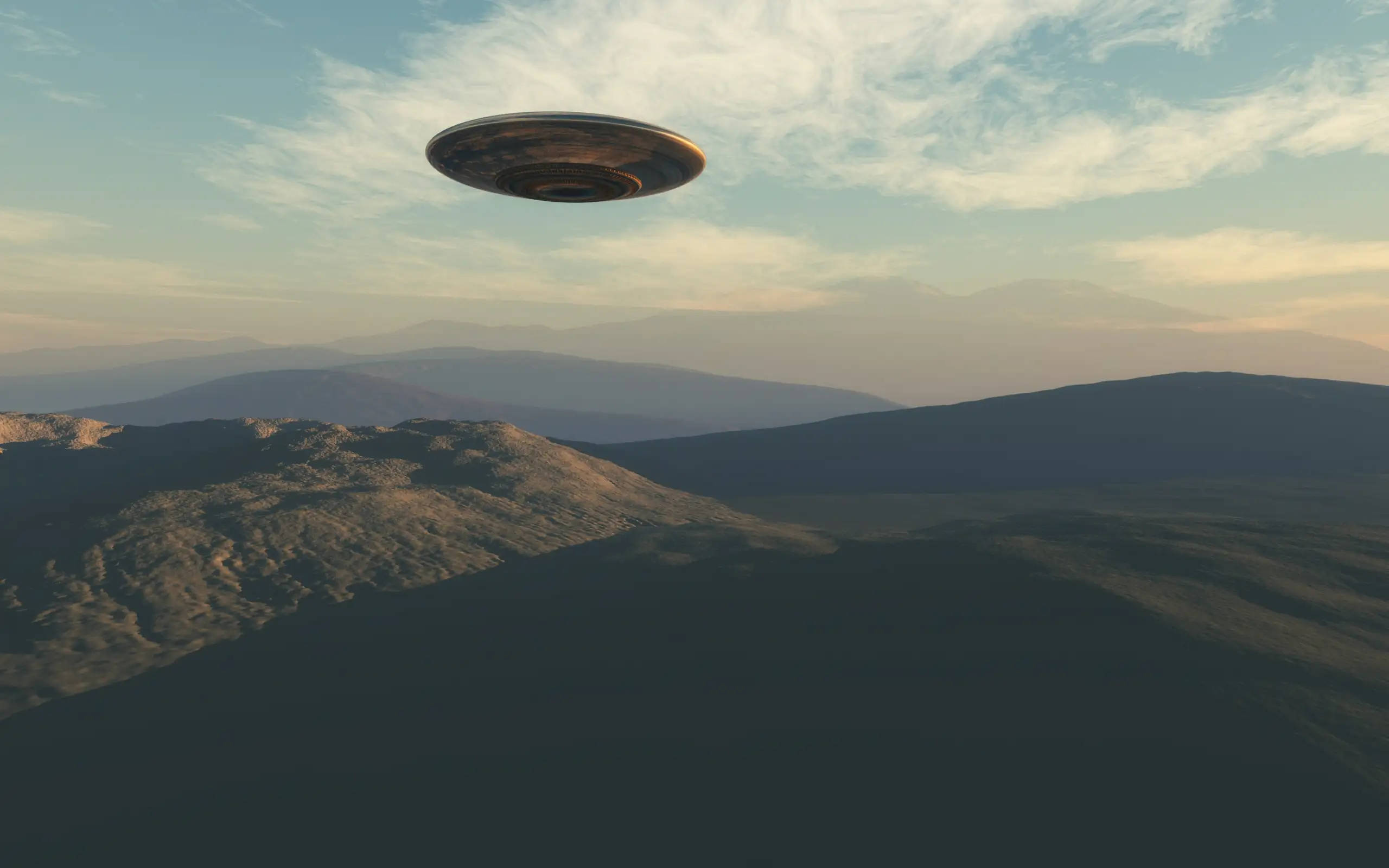 UFO, mountains, rugged mountain ridges, 2K Desktop Wallpaper
